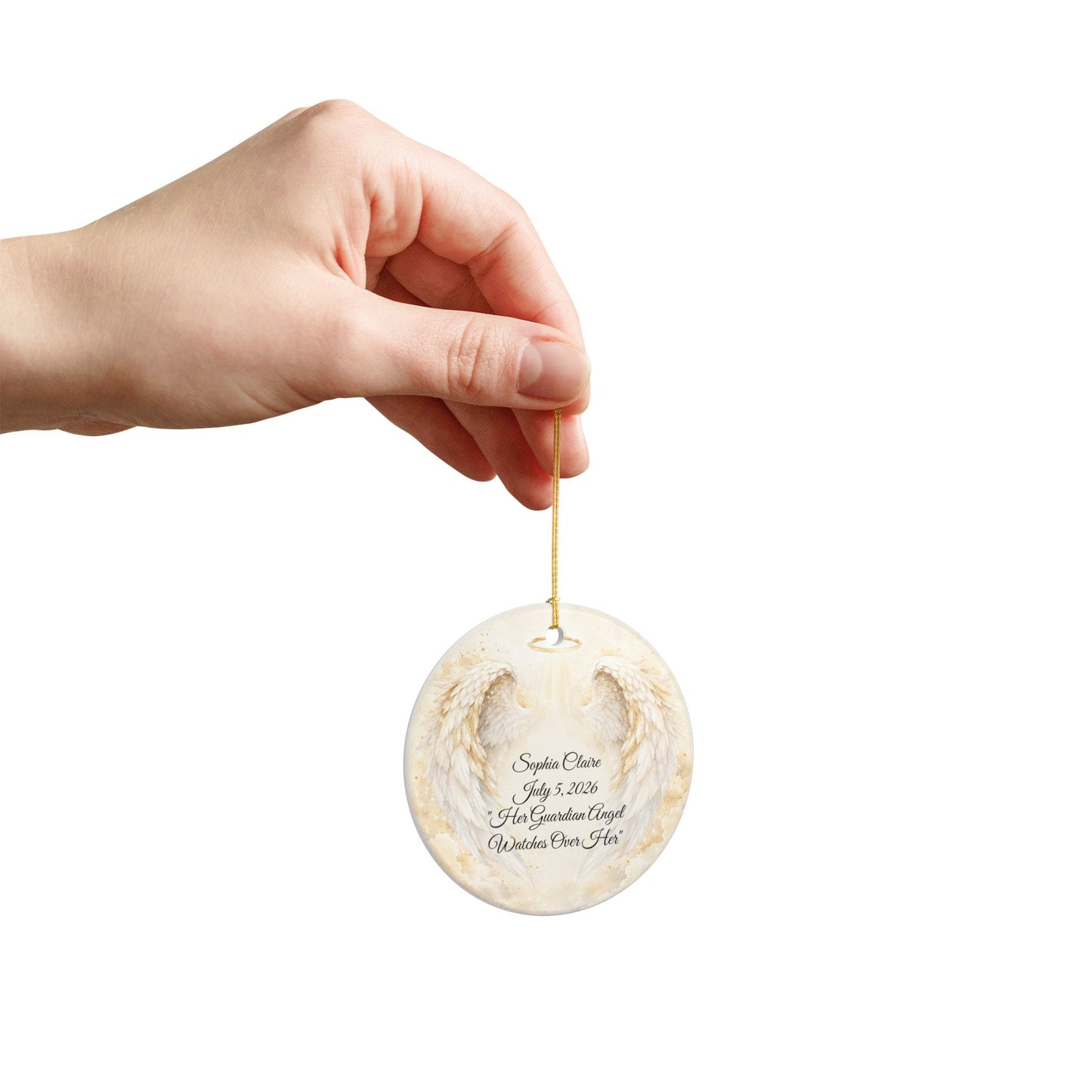 Guardian Angel Baptism Ornament with Name, Personalized Angel Wings Christening Keepsake, Ceramic God Bless Baby Gift, Godchild Ornament