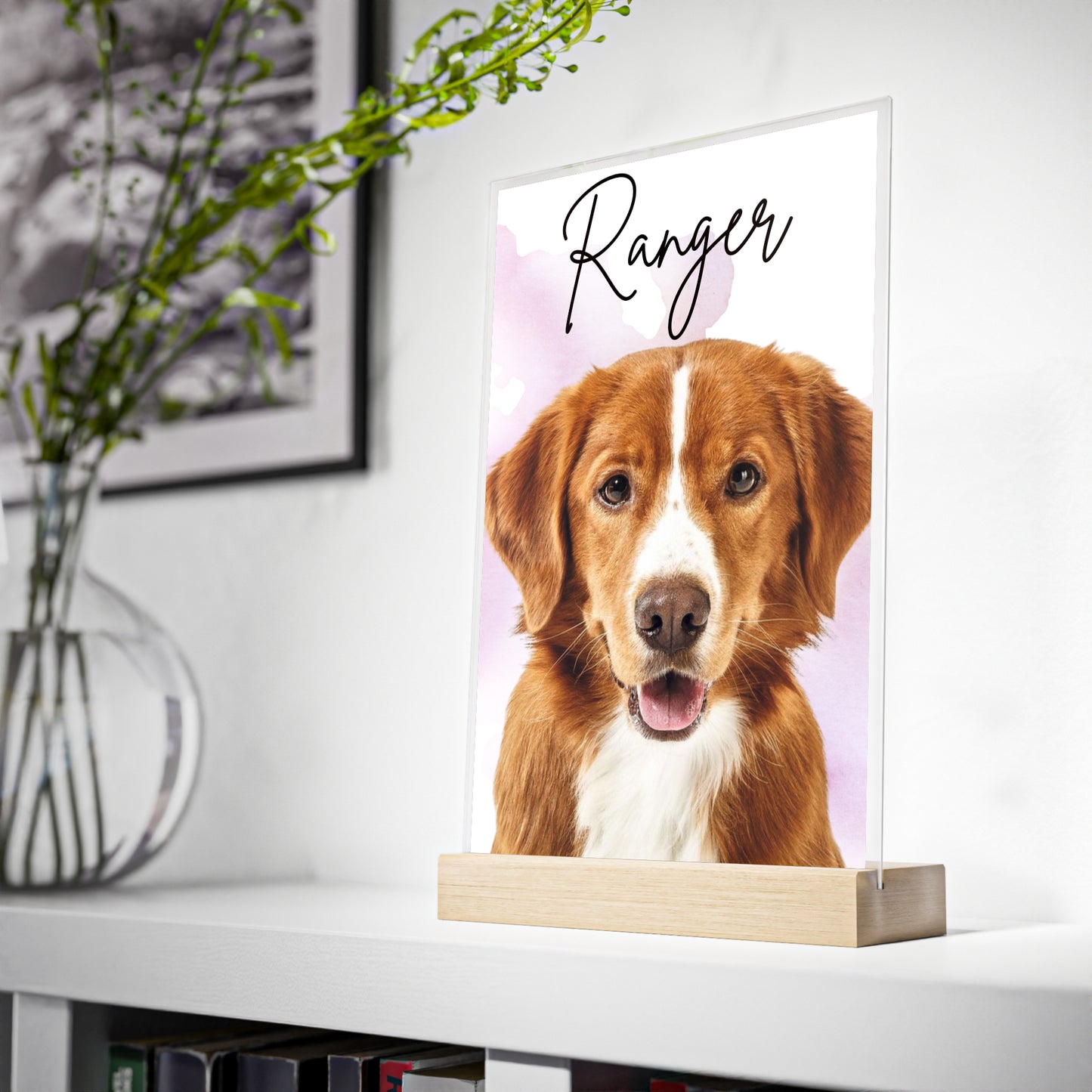 Personalized Dog Portrait Acrylic Sign with Wooden Stand | Pet Name Display
