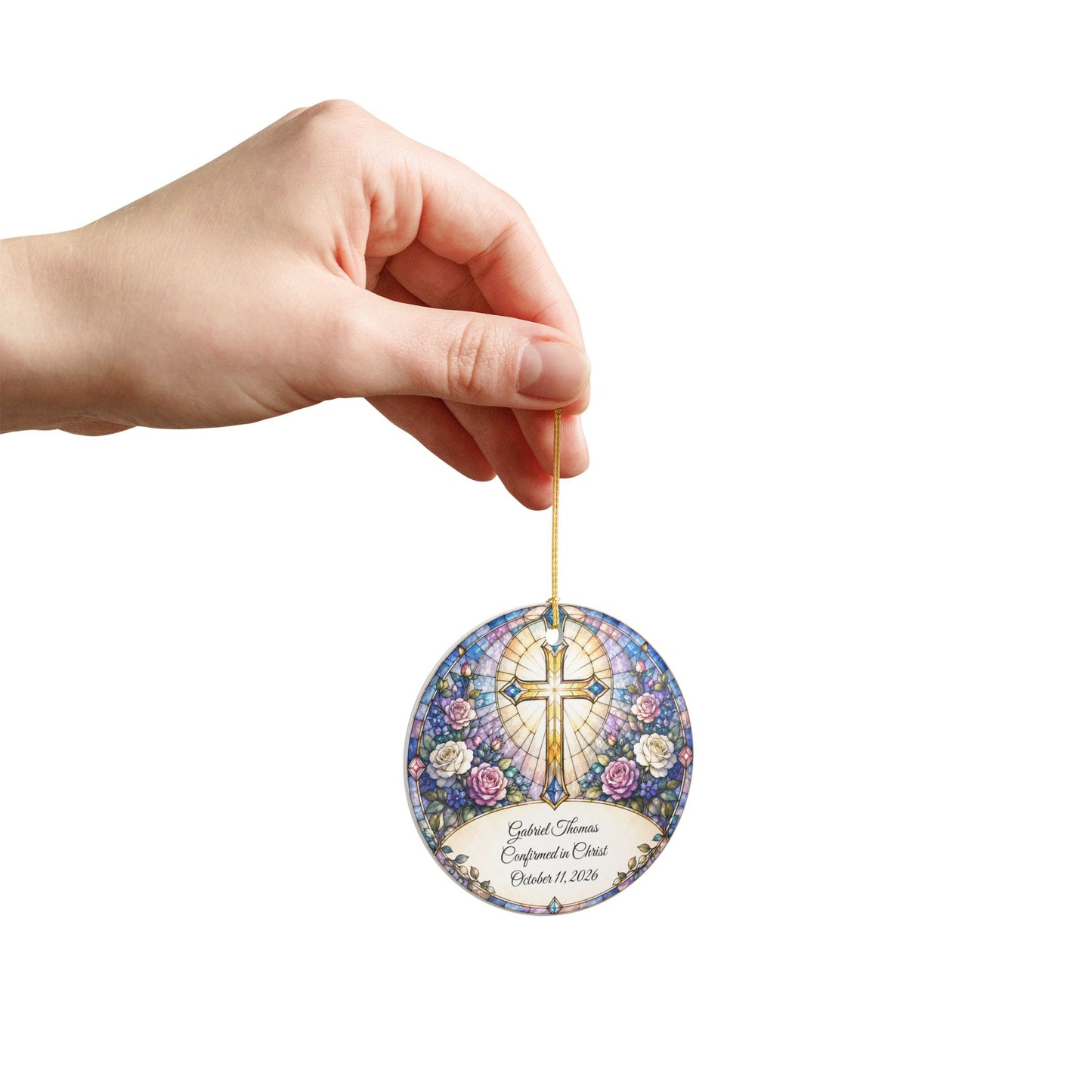 Stained Glass Baptism Ornament Personalized, Church Window Christening Keepsake with Name, Ceramic Religious Gift, Confirmation Ornament