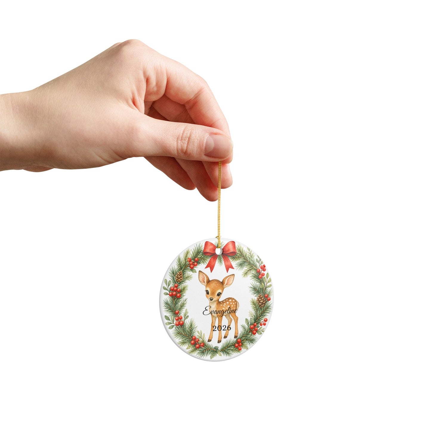 Baby First Christmas Ornament Personalized with Name, Woodland Deer Fawn Wreath Keepsake 2026, New Baby Woodland Gift