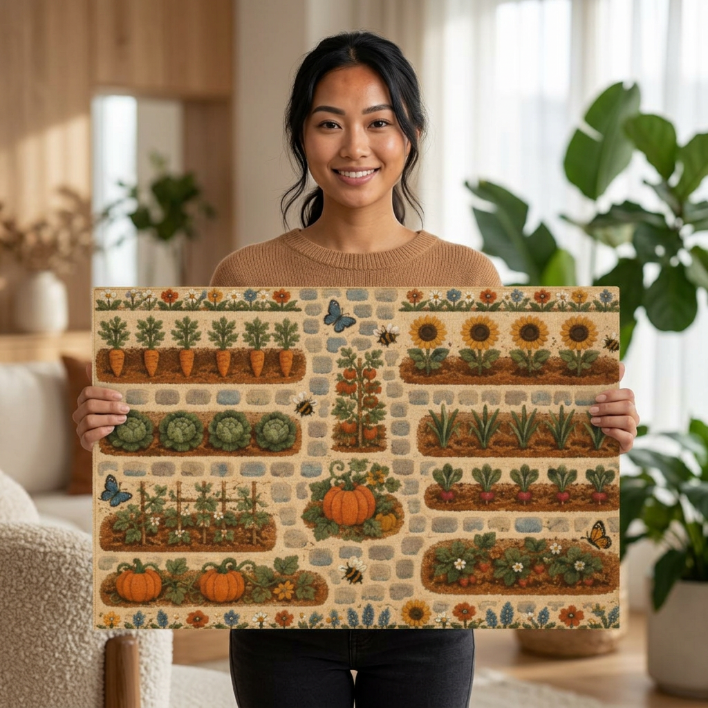 Autumn Vegetable Garden Washable Rug | Pumpkin Sunflower Carrot Motif