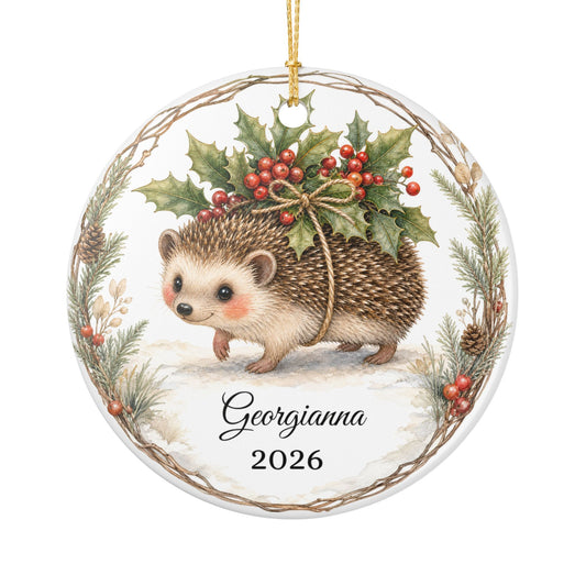 Baby First Christmas Ornament Personalized with Name, Hedgehog Holly Keepsake 2026, Woodland New Baby Shower Gift