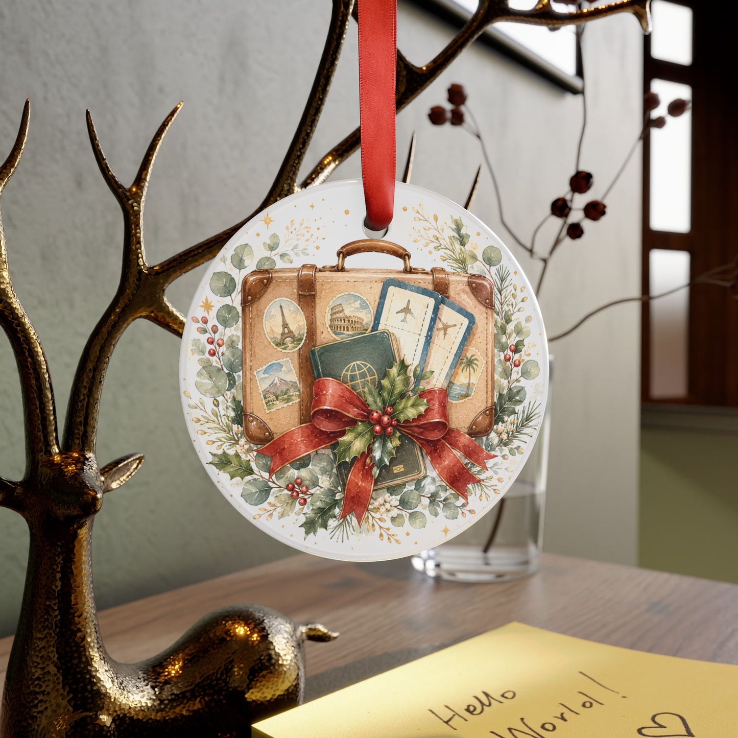 Vintage Travel Suitcase Ornament | Christmas Acrylic Ornament with Ribbon