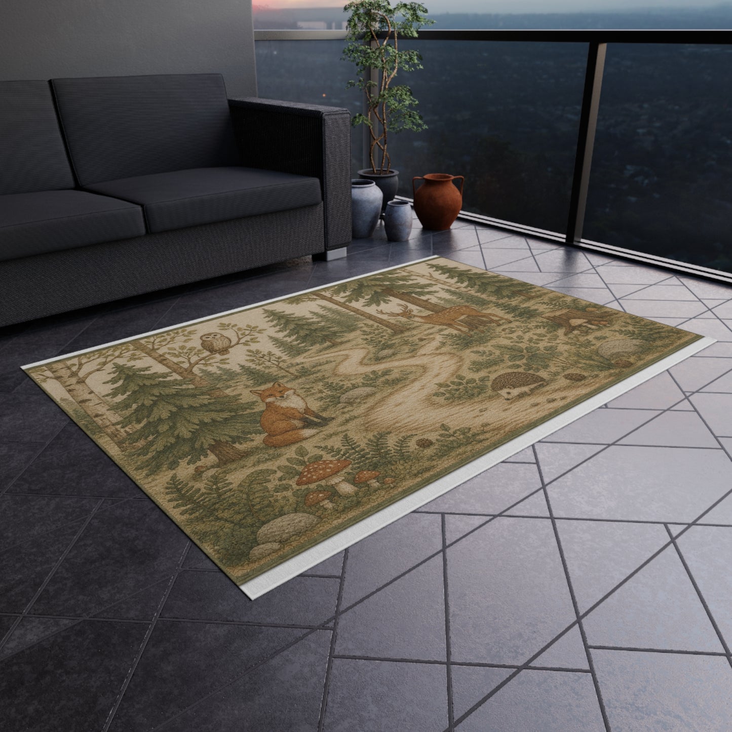 Woodland Animals Outdoor Rug | Fox, Deer, Owl Trail Scene