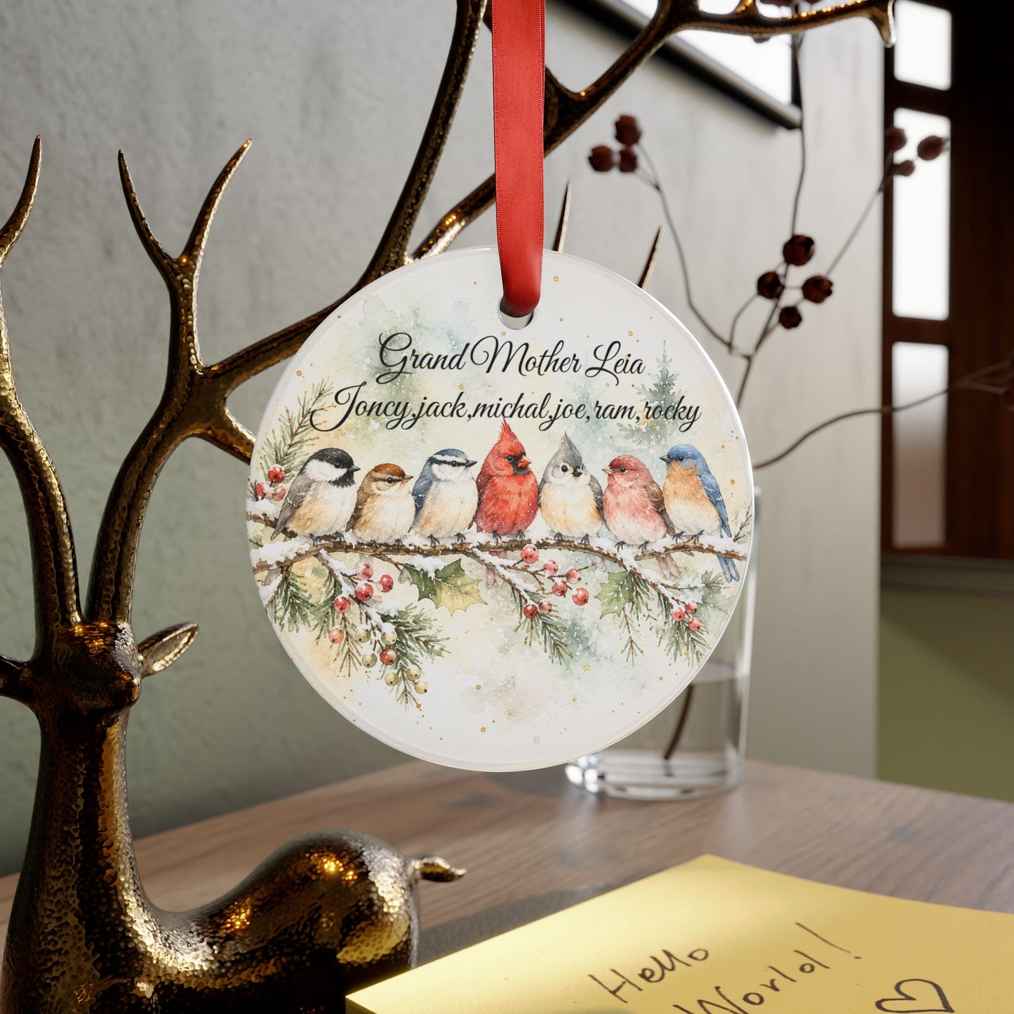 Watercolor Winter Birds Acrylic Ornament | Personalized Family Names
