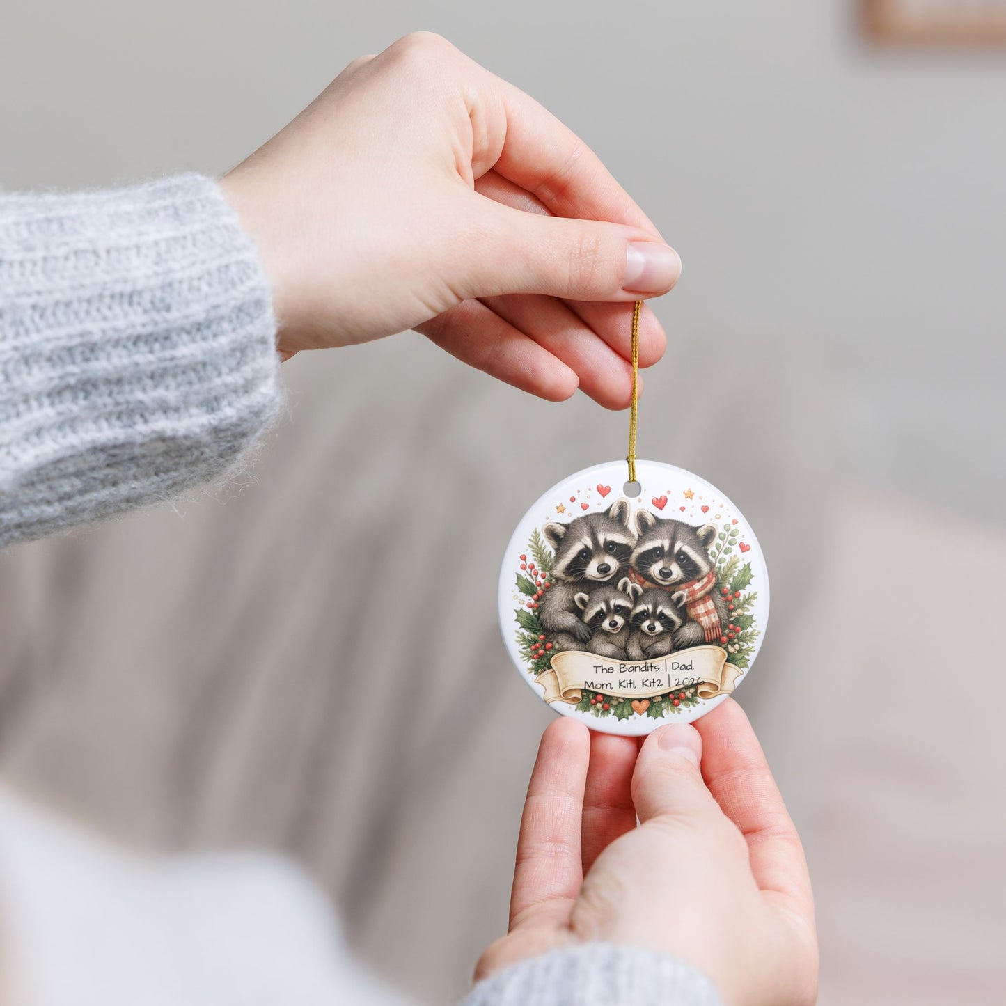 Raccoon Family Christmas Ornament Personalized with Names, Cute Ceramic Keepsake, Woodland Family Gift 2026
