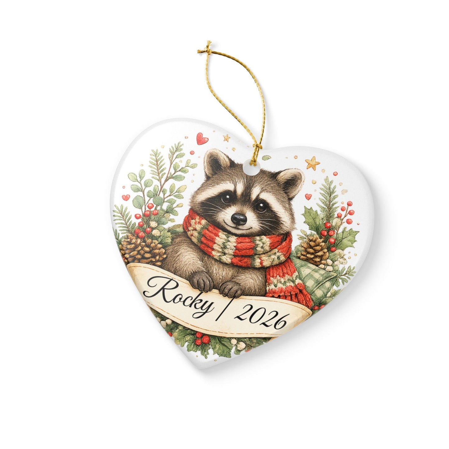 Raccoon Christmas Ornament Personalized with Name, Cute Cozy Ceramic Keepsake, Raccoon Lover Woodland Gift 2026