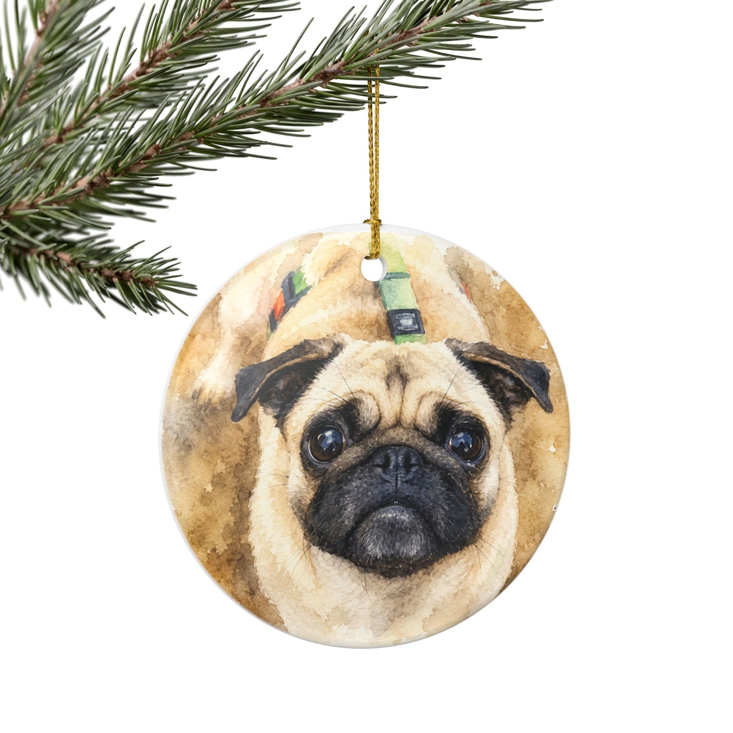 Pug Portrait Ornament | Memorial Ceramic Pet Ornament, Personalized Name & Date