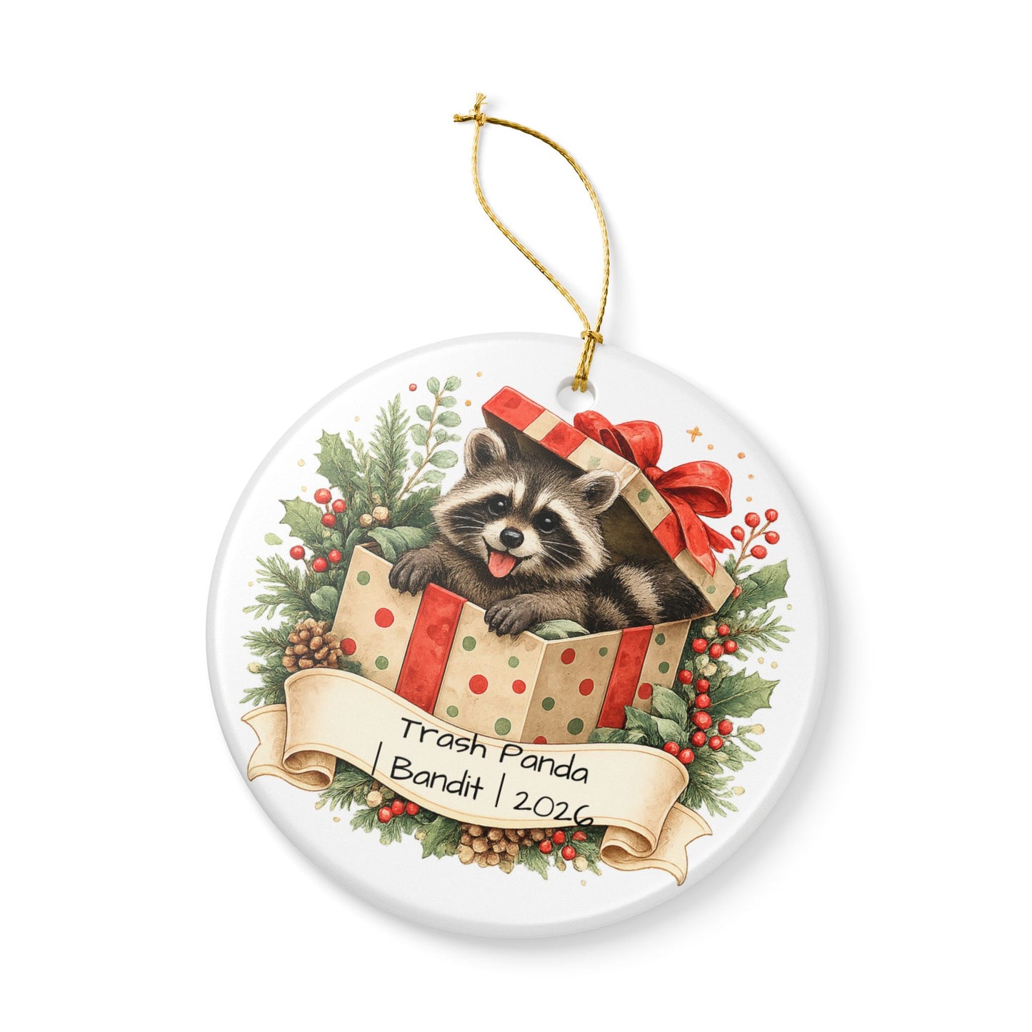 Trash Panda Christmas Ornament Personalized with Name, Funny Cute Ceramic Keepsake, Raccoon Lover Gift 2026