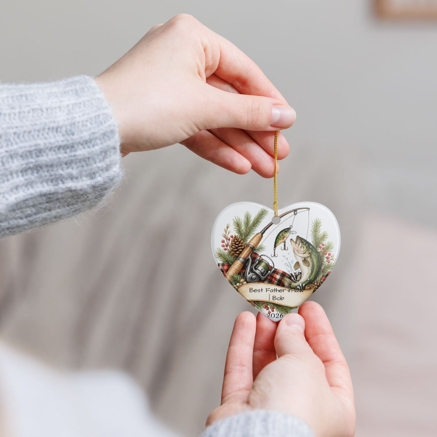 Fishing Father in Law Ornament Personalized, Rustic Ceramic Keepsake with Name, Fisherman FIL Gift 2026