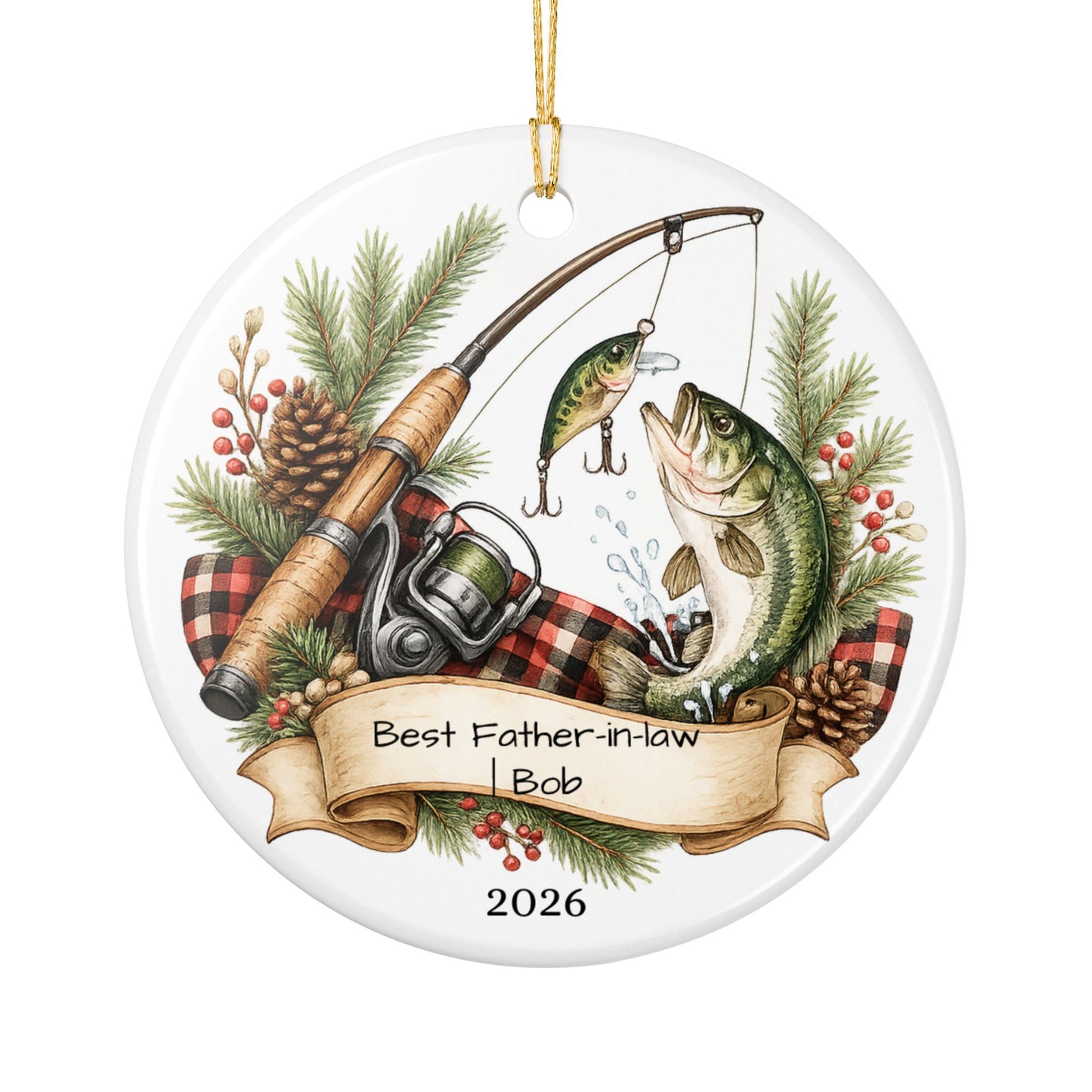 Fishing Father in Law Ornament Personalized, Rustic Ceramic Keepsake with Name, Fisherman FIL Gift 2026