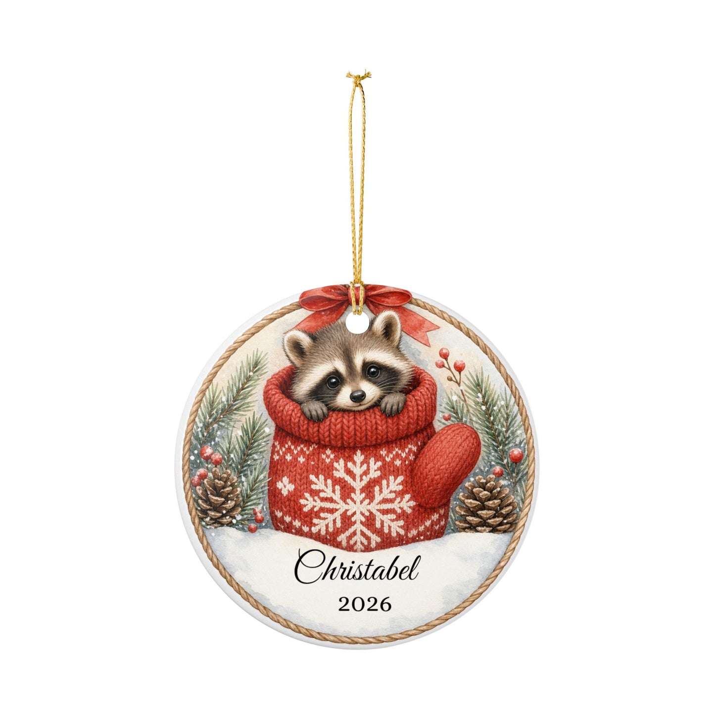 Baby First Christmas Ornament Personalized, Raccoon in Mitten Keepsake with Name 2026, Woodland New Baby Gift