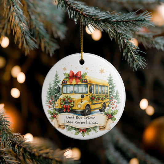 School Bus Driver Christmas Ornament Personalized, Ceramic Keepsake with Name, Bus Driver Appreciation Gift 2026