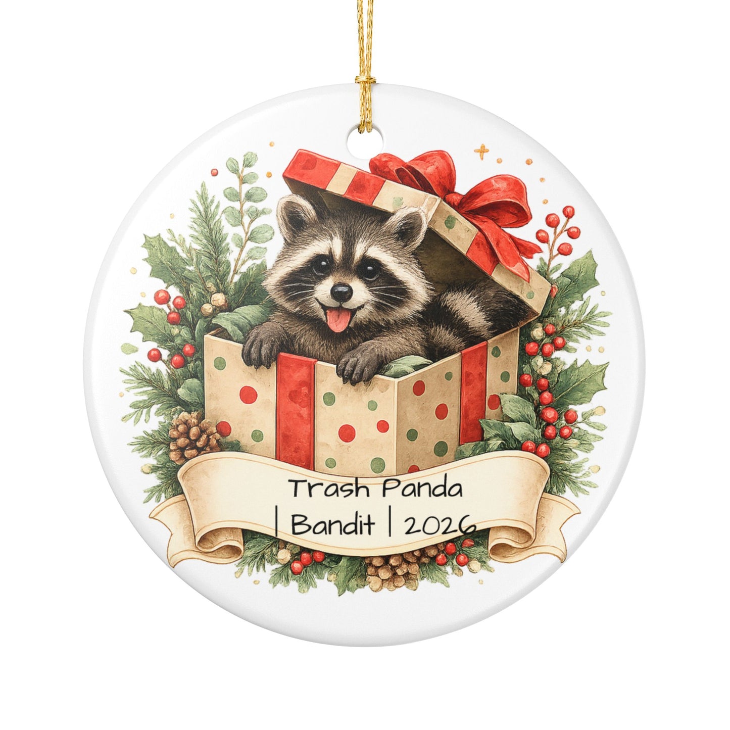 Trash Panda Christmas Ornament Personalized with Name, Funny Cute Ceramic Keepsake, Raccoon Lover Gift 2026