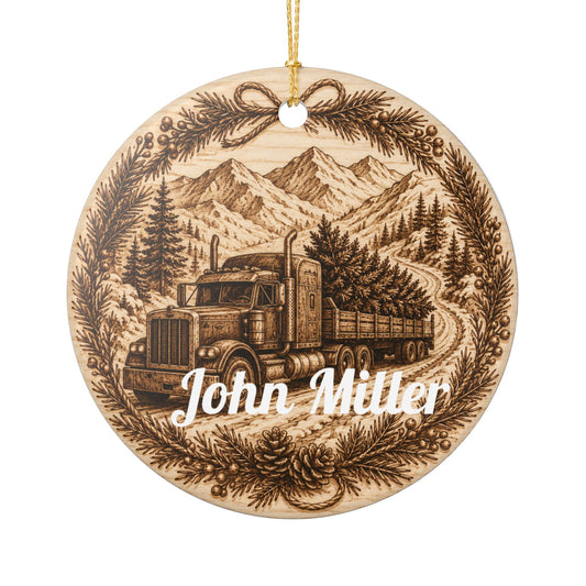 Personalized Logging Truck Ornament | Ceramic Heart Ornament, Custom Name
