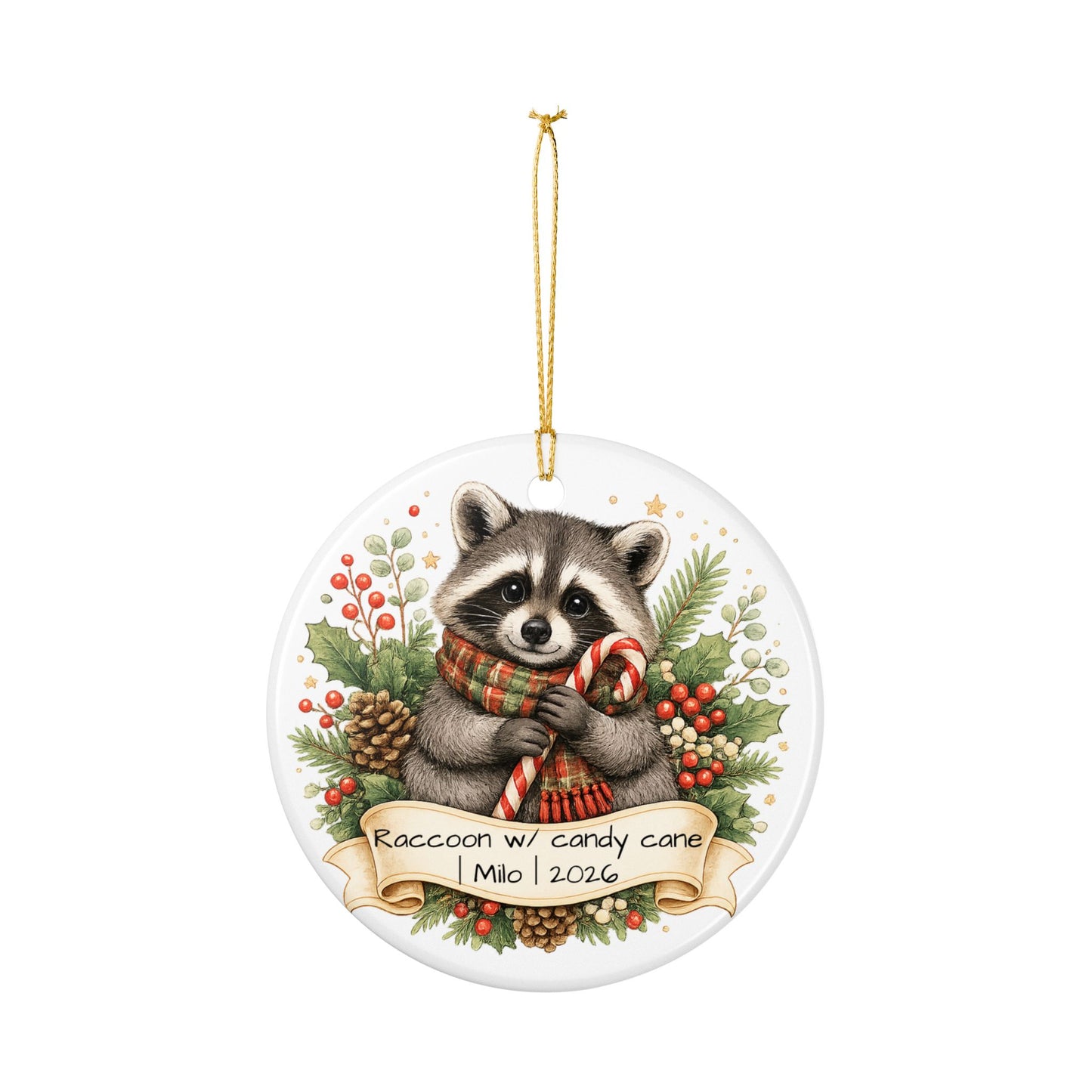 Raccoon with Candy Cane Christmas Ornament Personalized, Cute Ceramic Keepsake with Name, Raccoon Lover Gift 2026