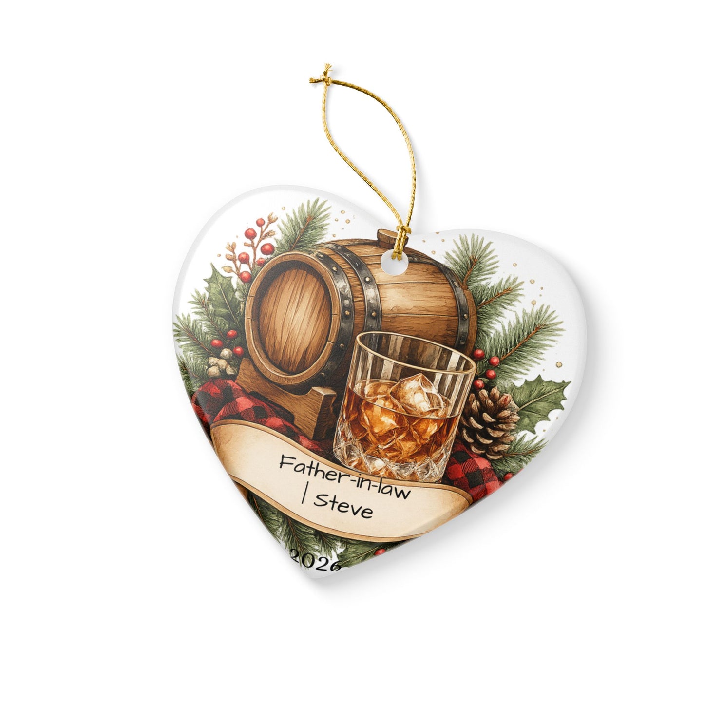 Whiskey Father in Law Ornament Personalized, Rustic Ceramic Keepsake with Name, Bourbon Lover FIL Gift 2026