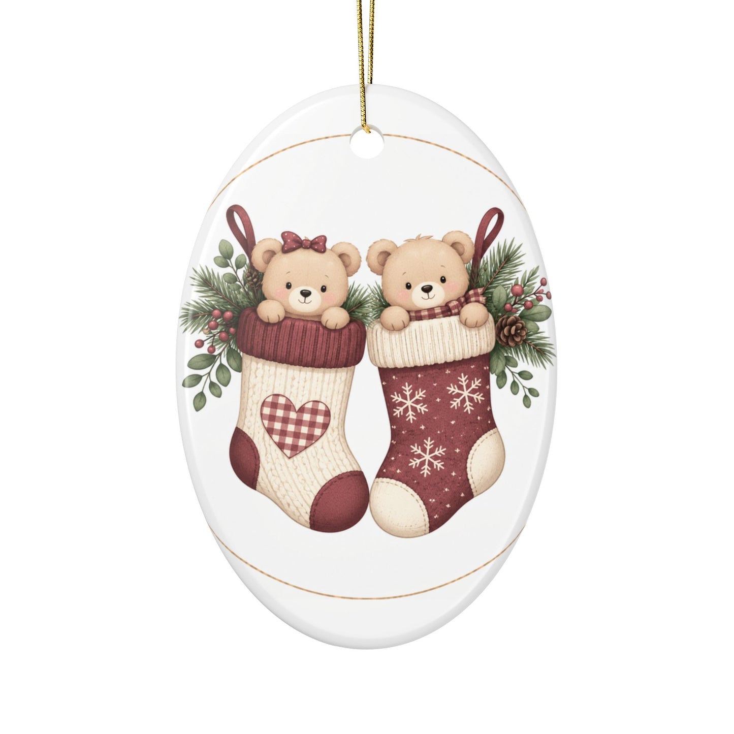 Teddy Bears in Christmas Stockings Ornament | Ceramic Round Holiday Decoration