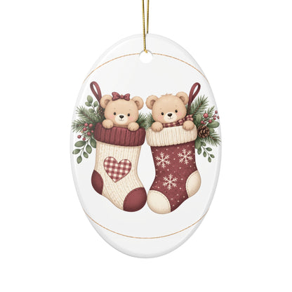 Teddy Bears in Christmas Stockings Ornament | Ceramic Round Holiday Decoration