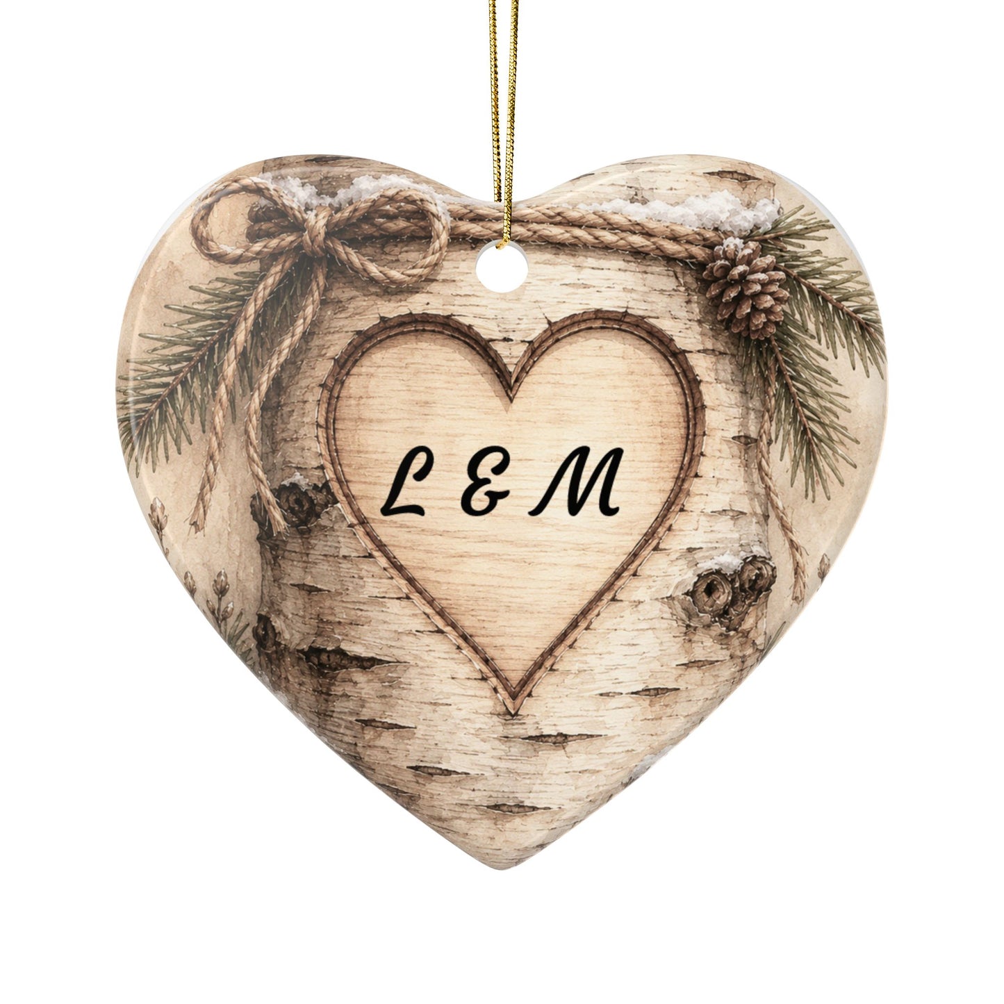 Rustic Carved Heart Initials Ornament | Ceramic Ornament