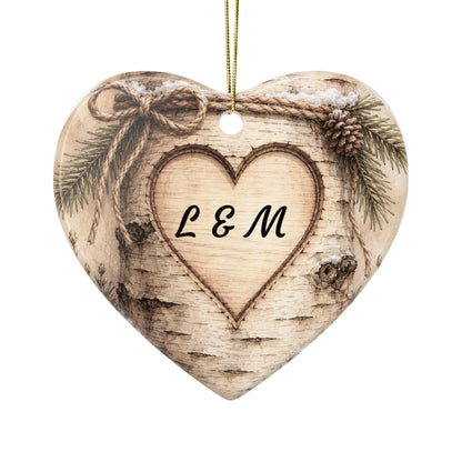 Rustic Carved Heart Initials Ornament | Ceramic Ornament