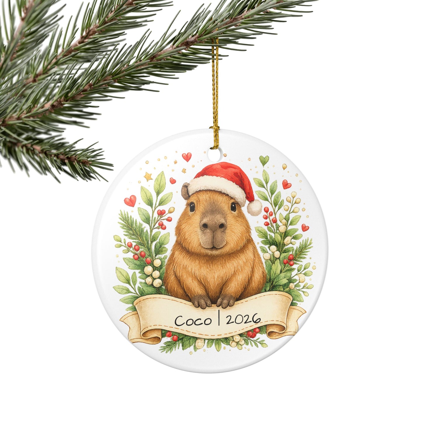 Capybara Christmas Ornament Personalized with Name, Cute Santa Hat Ceramic Keepsake, Capybara Lover Gift 2026
