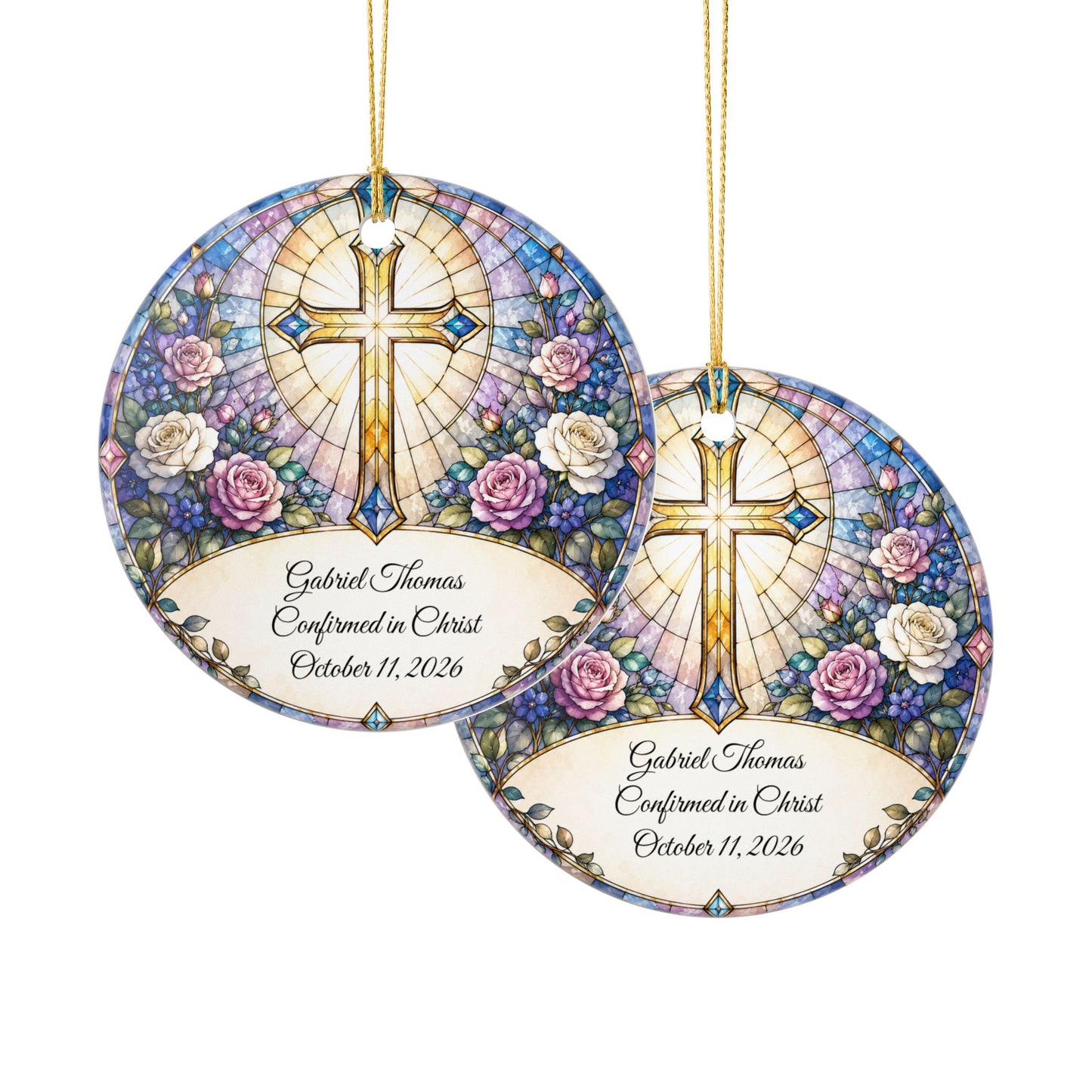 Stained Glass Baptism Ornament Personalized, Church Window Christening Keepsake with Name, Ceramic Religious Gift, Confirmation Ornament