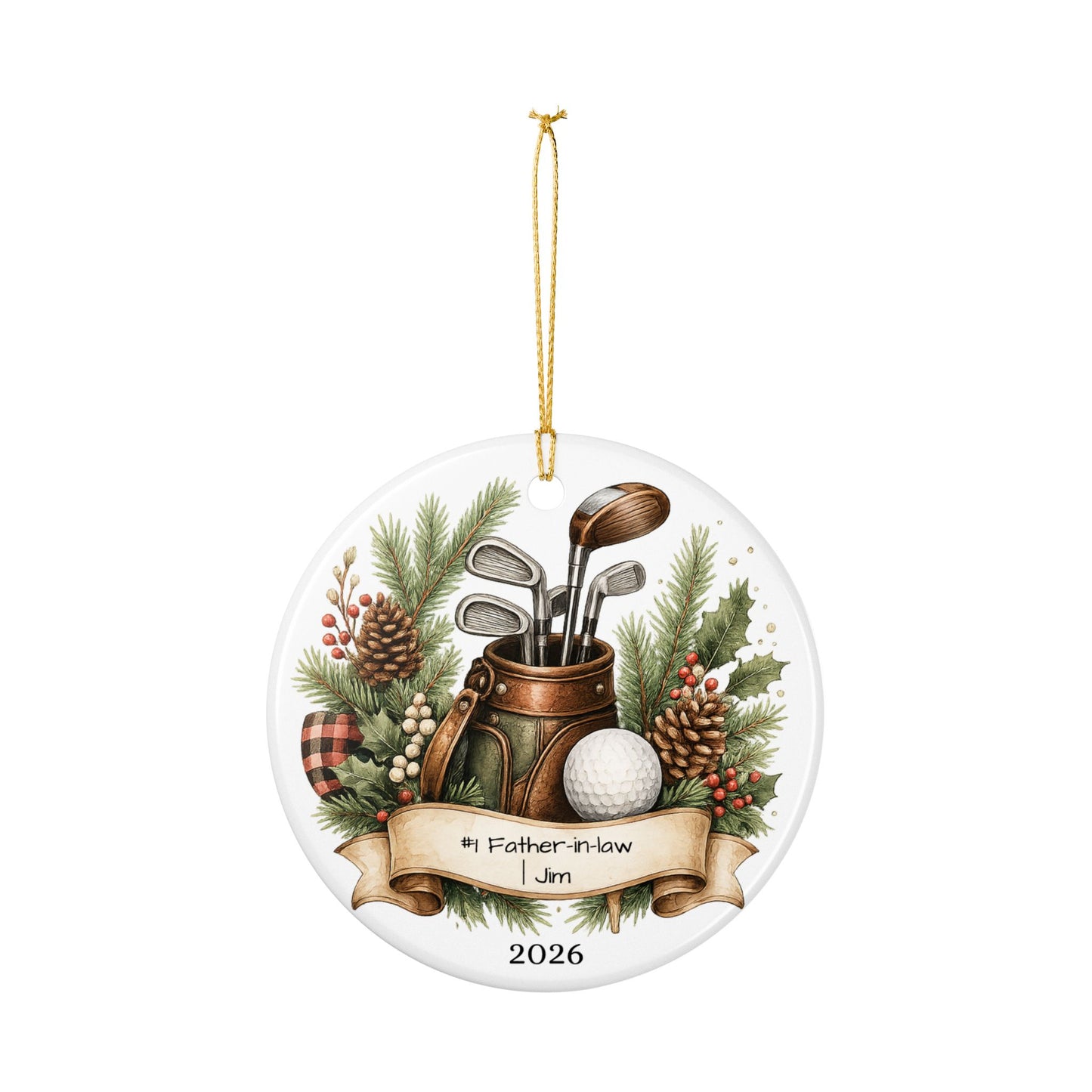 Golf Father in Law Ornament Personalized, Rustic Ceramic Keepsake with Name, Golfer FIL Christmas Gift 2026