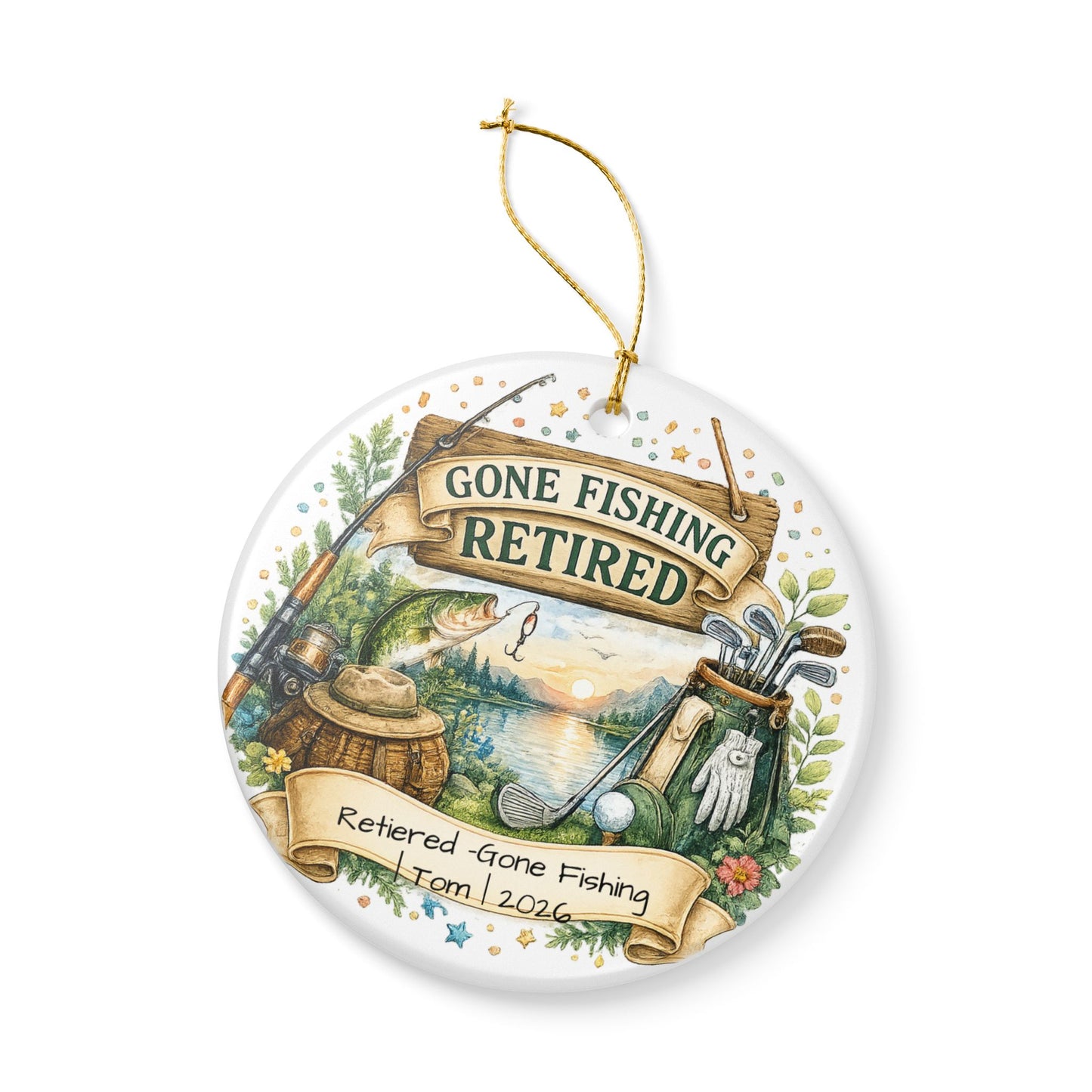 Retirement Ornament 2026 Personalized with Name, Fishing Golf Ceramic Keepsake, Retired Gift for Him, Dad Grandpa