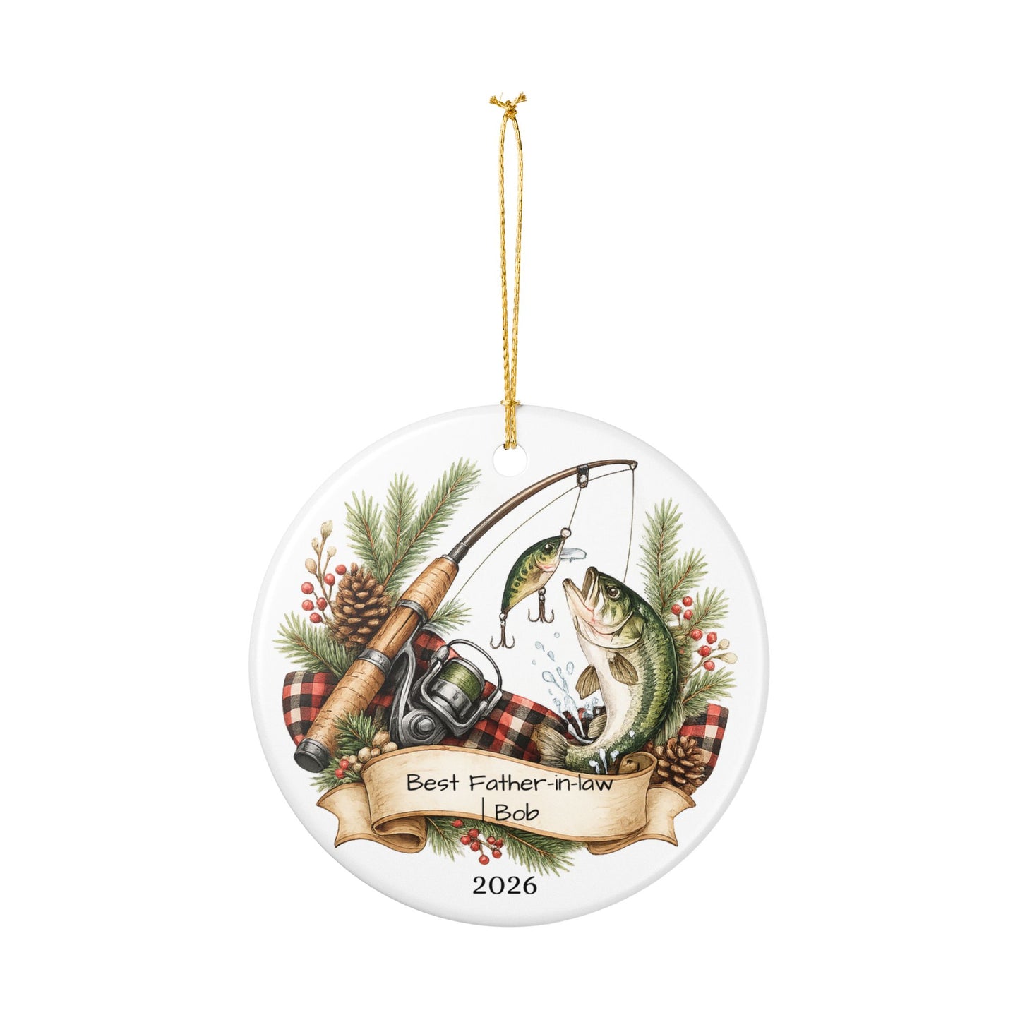Fishing Father in Law Ornament Personalized, Rustic Ceramic Keepsake with Name, Fisherman FIL Gift 2026