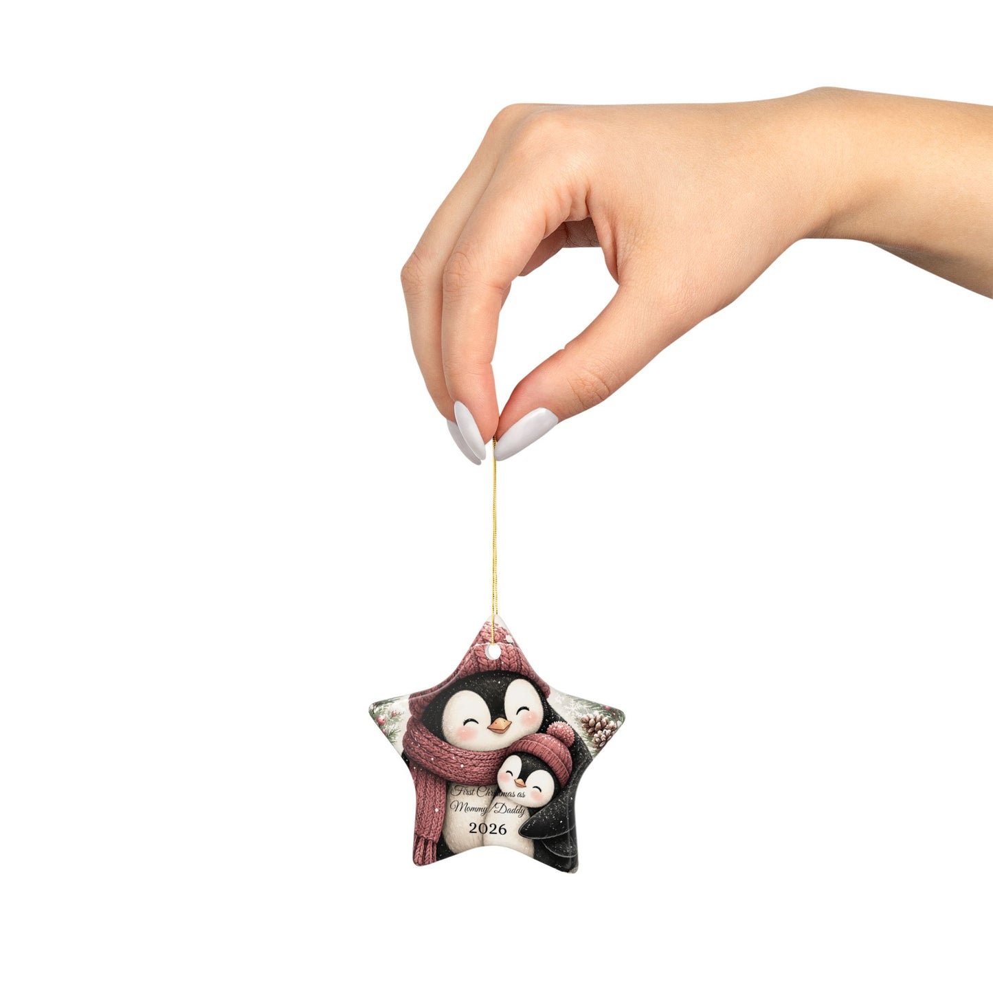 Penguin Family Hug Ceramic Ornament | 2026 Holiday Keepsake