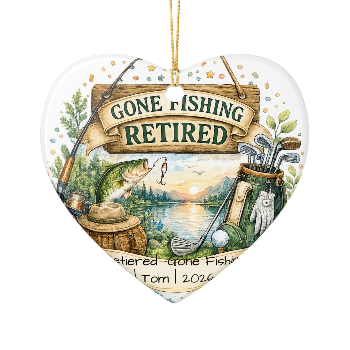 Retirement Ornament 2026 Personalized with Name, Fishing Golf Ceramic Keepsake, Retired Gift for Him, Dad Grandpa