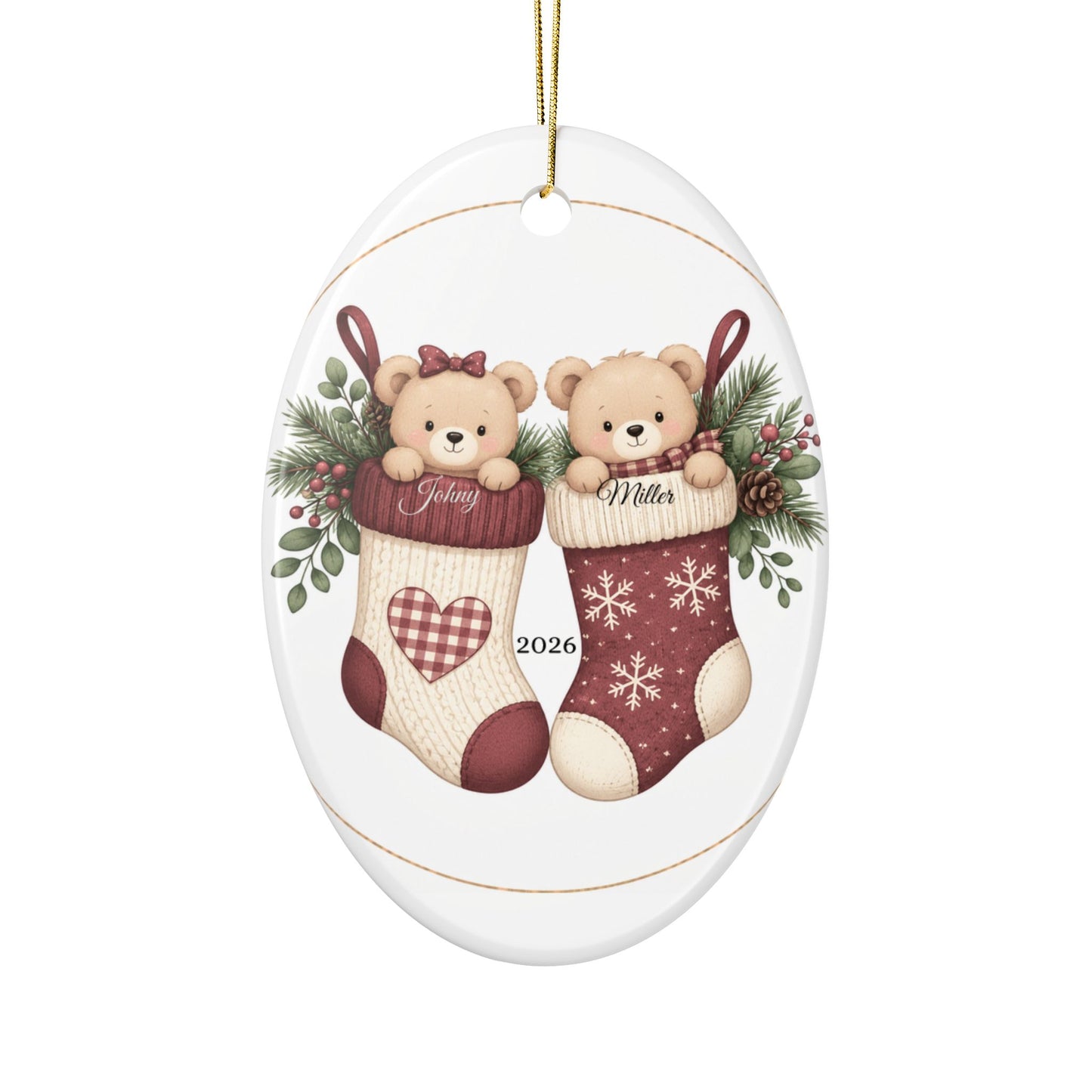 Teddy Bears in Christmas Stockings Ornament | Ceramic Round Holiday Decoration