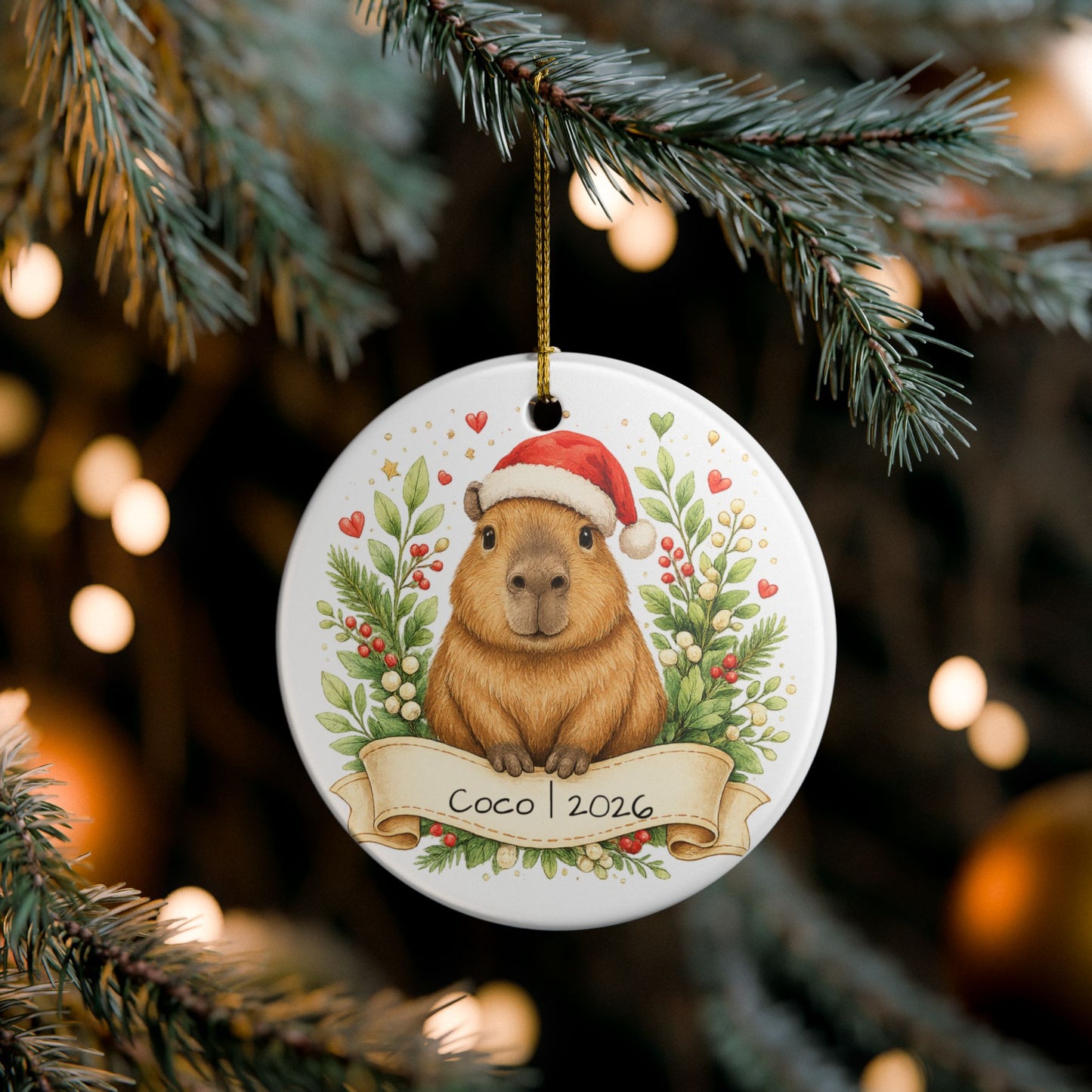 Capybara Christmas Ornament Personalized with Name, Cute Santa Hat Ceramic Keepsake, Capybara Lover Gift 2026