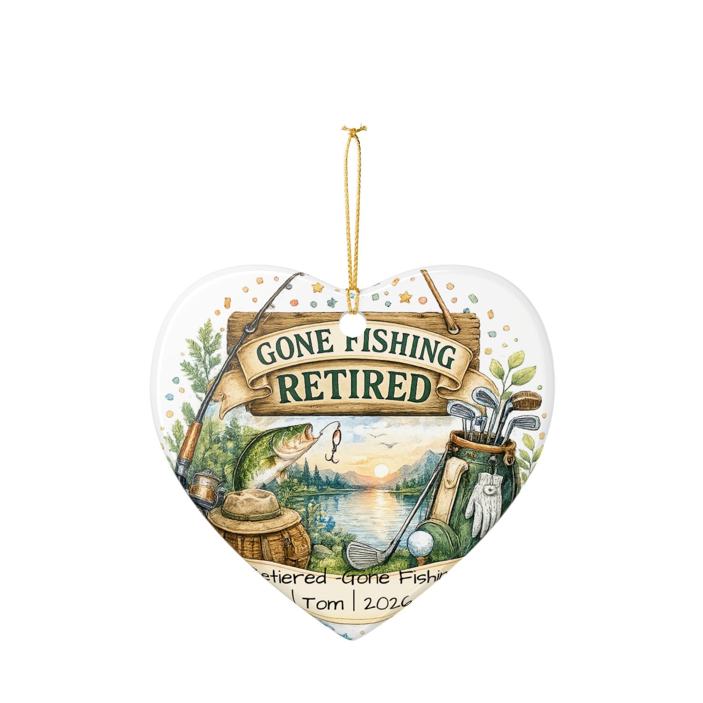 Retirement Ornament 2026 Personalized with Name, Fishing Golf Ceramic Keepsake, Retired Gift for Him, Dad Grandpa