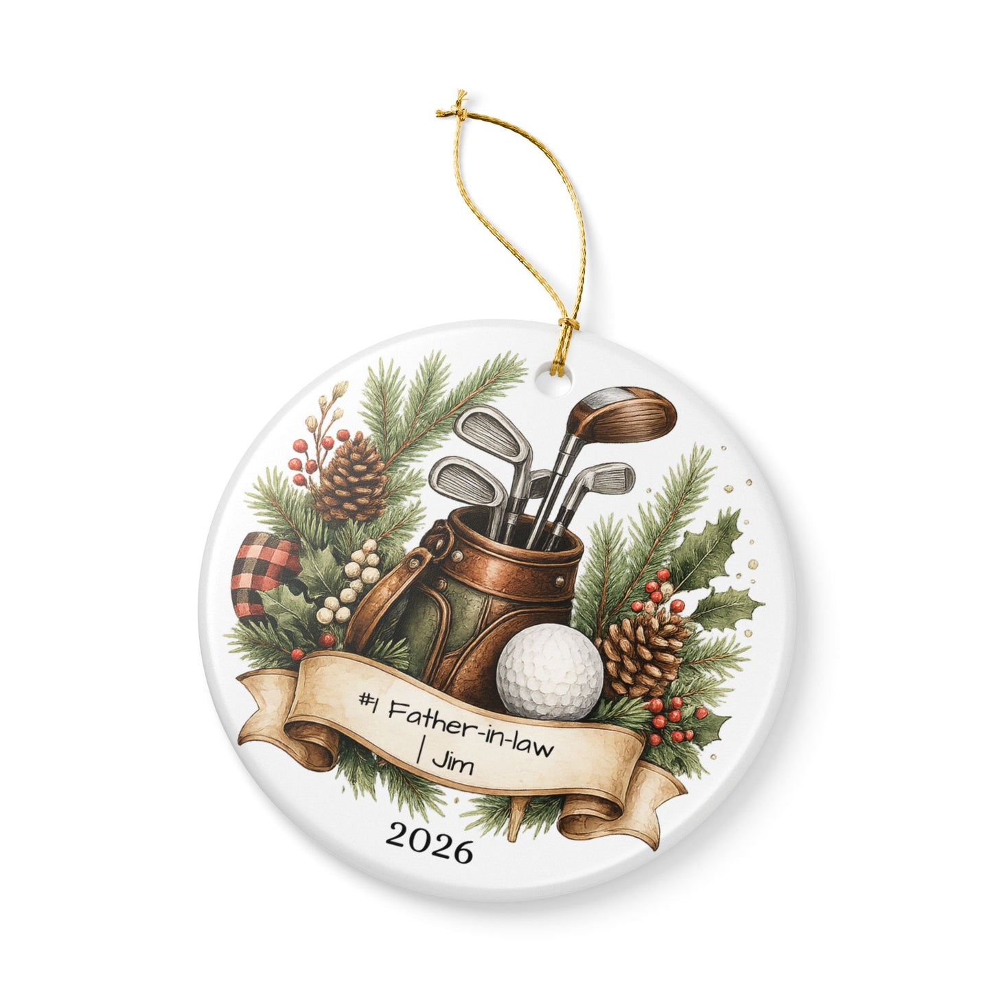 Golf Father in Law Ornament Personalized, Rustic Ceramic Keepsake with Name, Golfer FIL Christmas Gift 2026