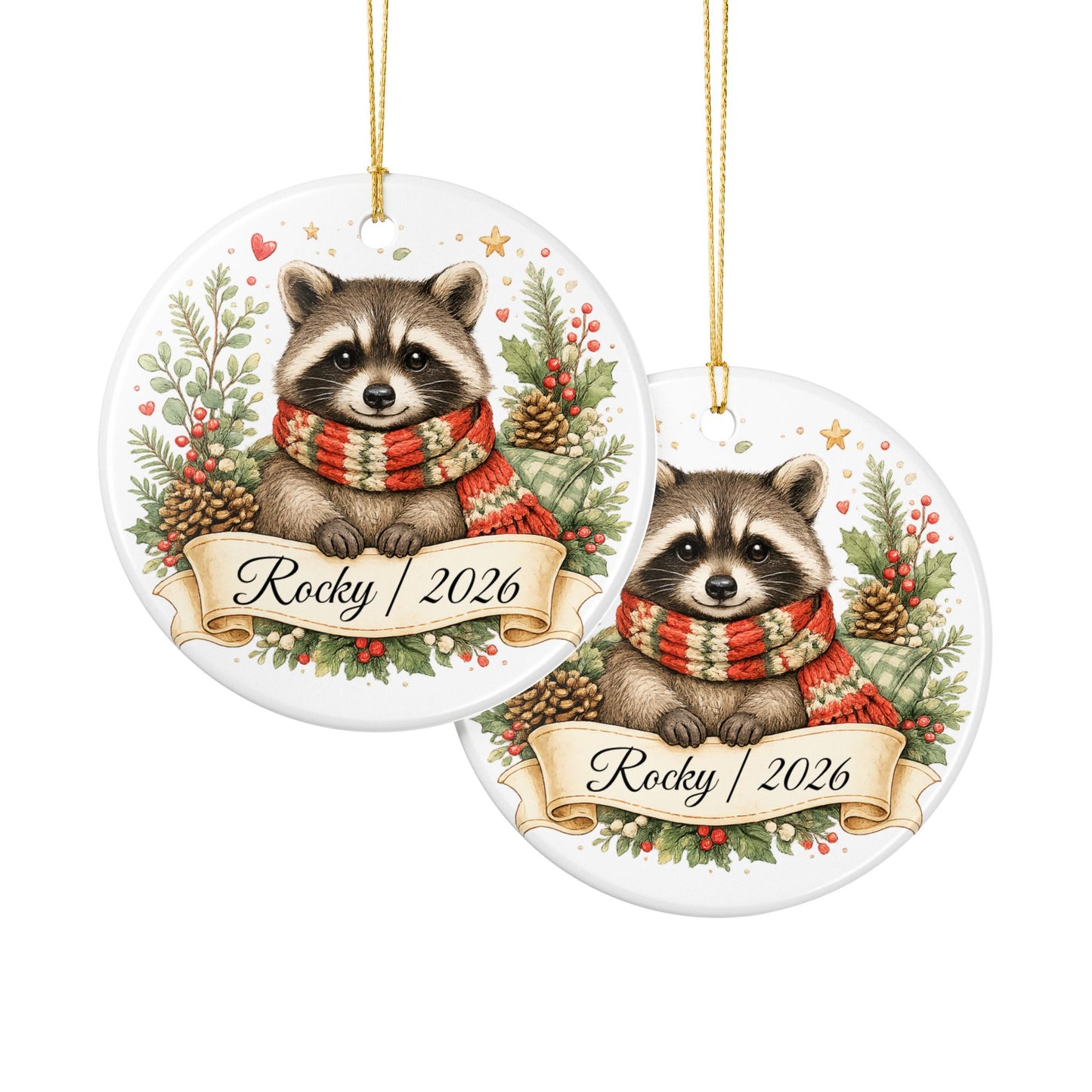 Raccoon Christmas Ornament Personalized with Name, Cute Cozy Ceramic Keepsake, Raccoon Lover Woodland Gift 2026