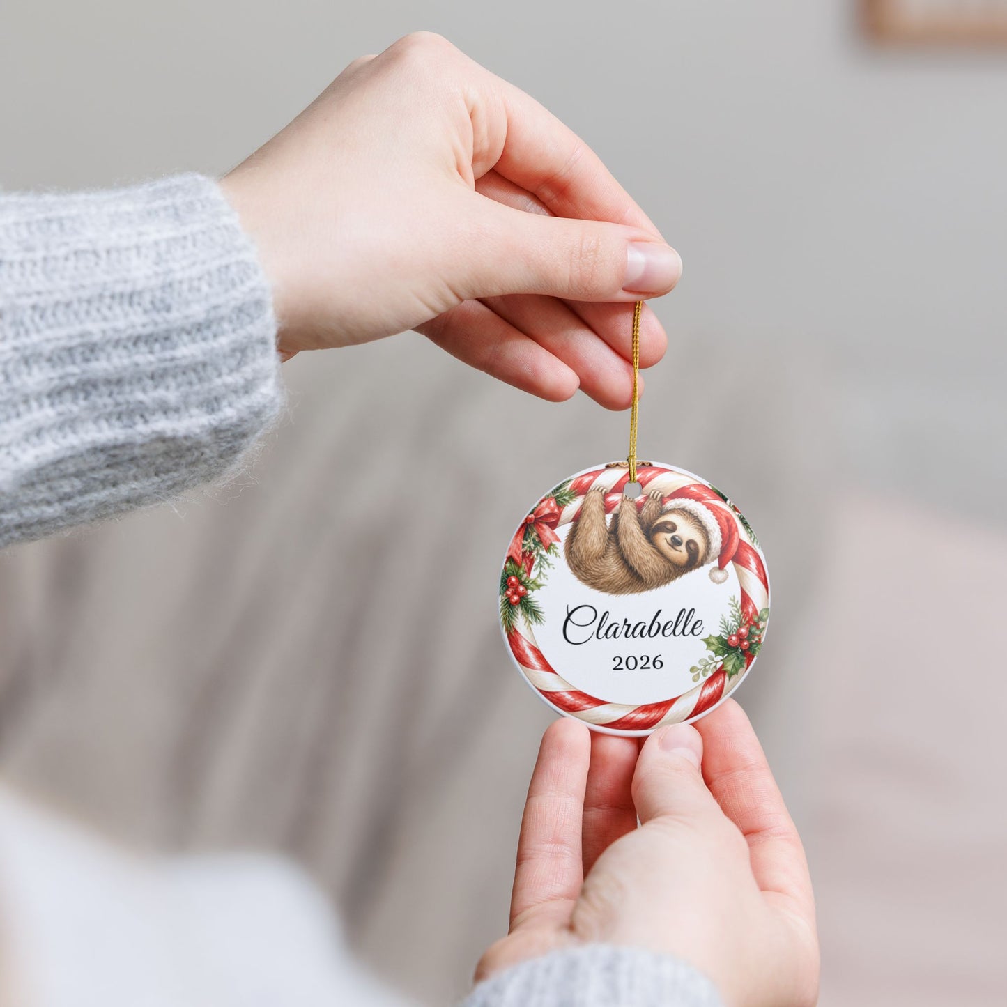Baby First Christmas Ornament Personalized, Sloth Candy Cane Keepsake with Name 2026, Funny New Baby Gift Ornament