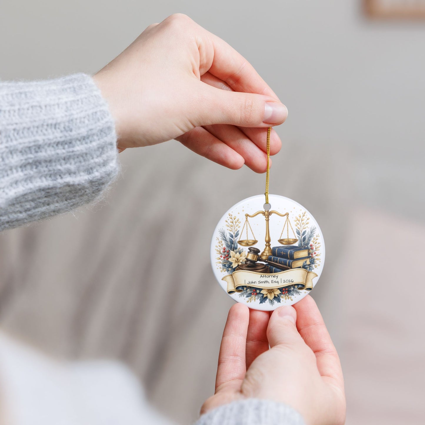 Lawyer Christmas Ornament Personalized with Name, Scales of Justice Ceramic Keepsake, Attorney Gift 2026