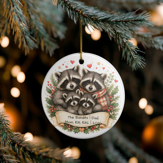 Raccoon Family Christmas Ornament Personalized with Names, Cute Ceramic Keepsake, Woodland Family Gift 2026