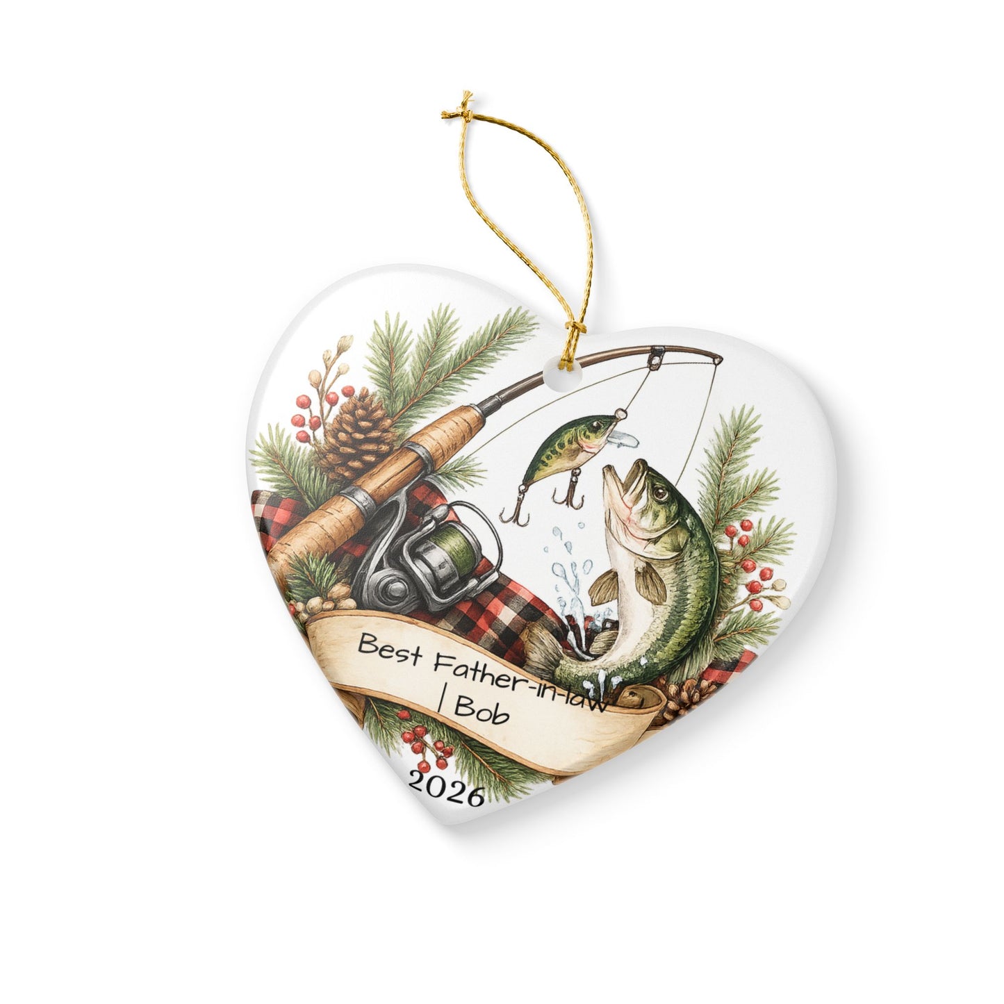 Fishing Father in Law Ornament Personalized, Rustic Ceramic Keepsake with Name, Fisherman FIL Gift 2026