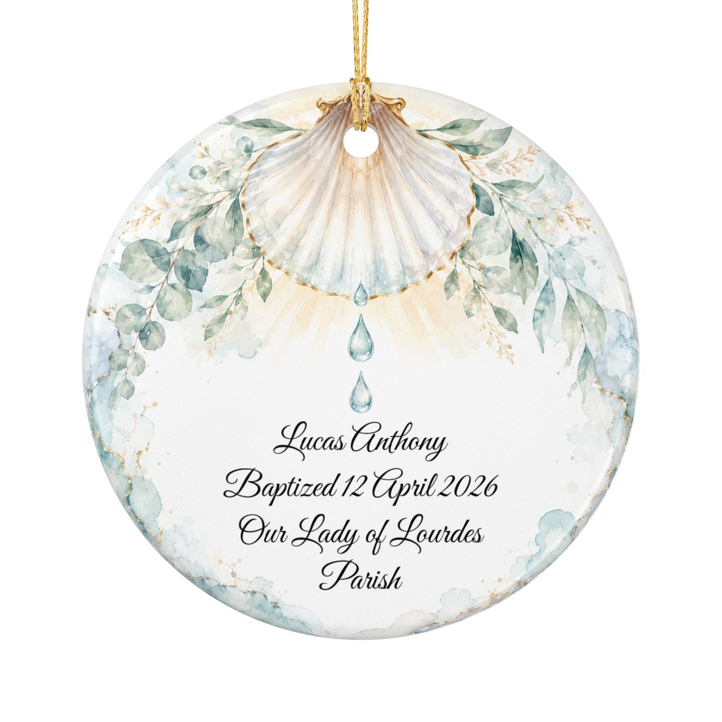 Baptism Shell Ornament Personalized, Traditional Christening Symbol Keepsake with Name & Date, Ceramic Catholic Baptism Gift for Baby