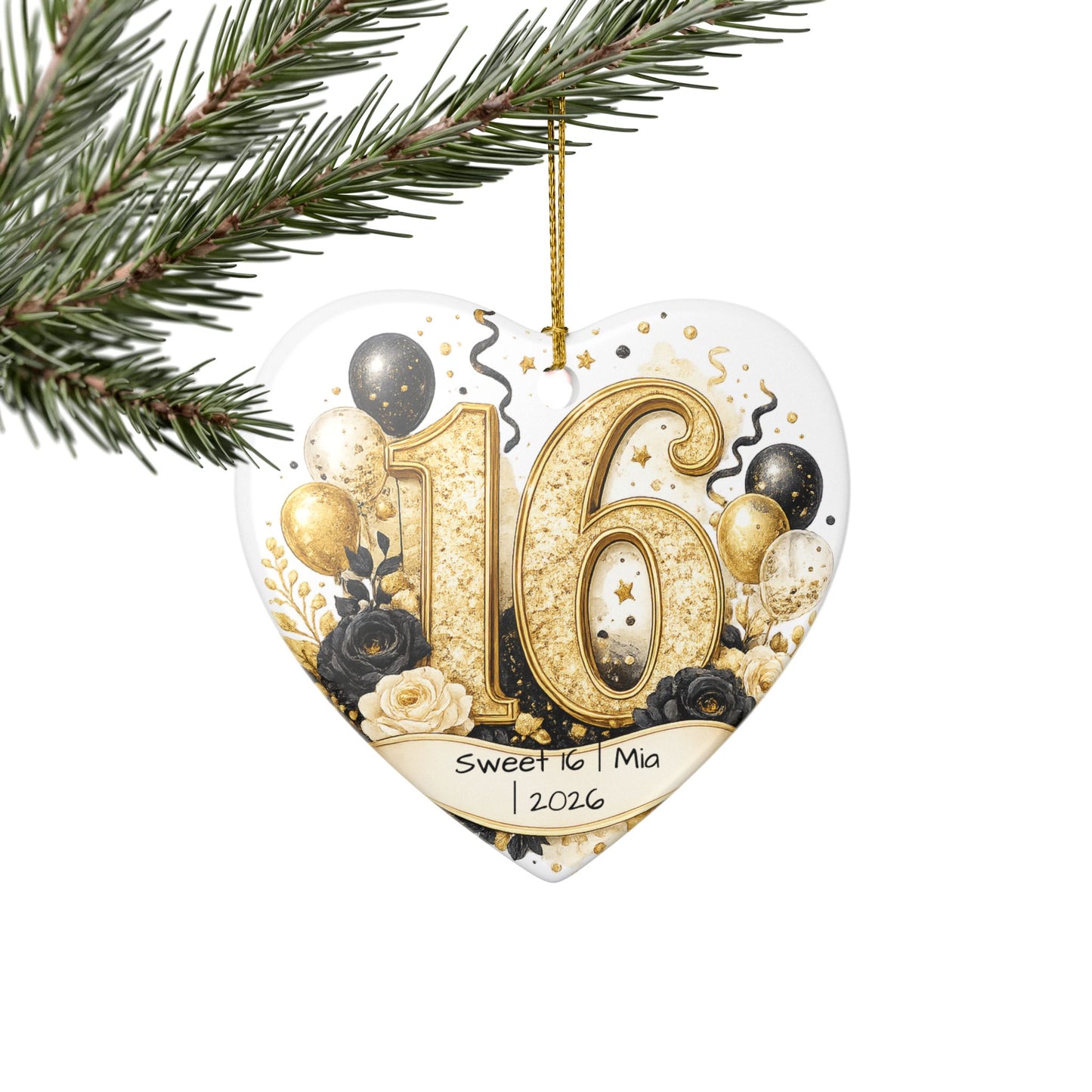 Glam Sweet 16 Christmas Ornament Personalized with Name Year, Black Gold Ceramic Keepsake, 16th Birthday Gift 2026