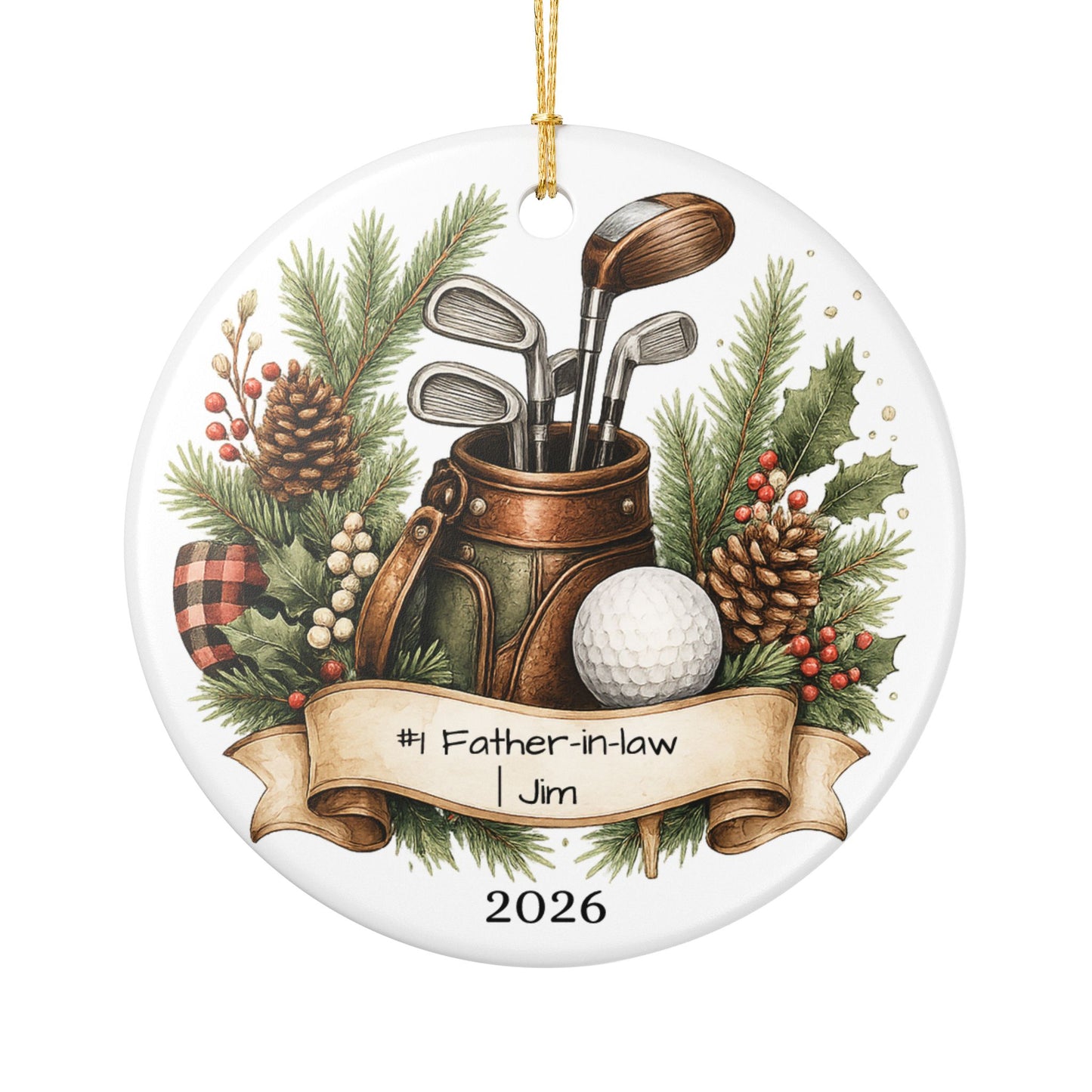 Golf Father in Law Ornament Personalized, Rustic Ceramic Keepsake with Name, Golfer FIL Christmas Gift 2026