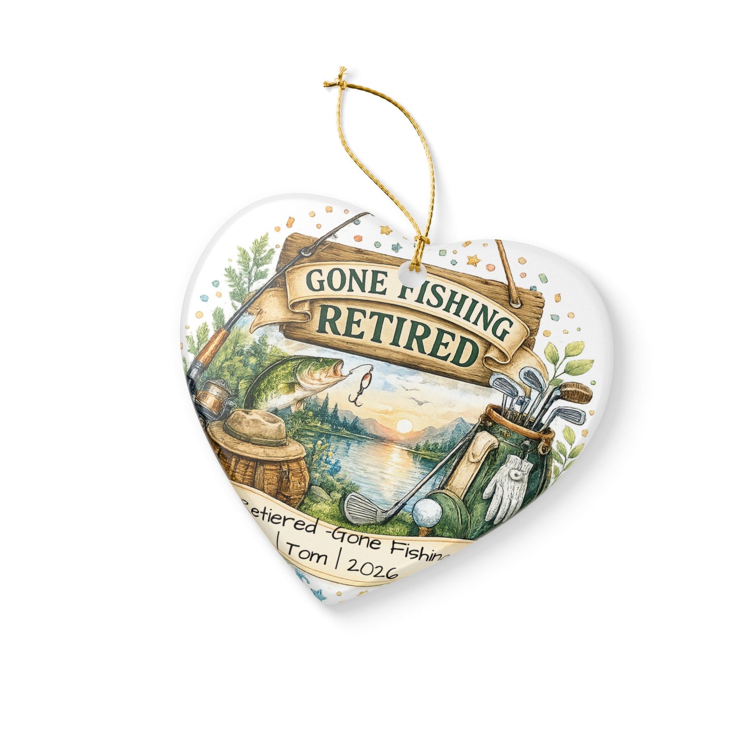 Retirement Ornament 2026 Personalized with Name, Fishing Golf Ceramic Keepsake, Retired Gift for Him, Dad Grandpa