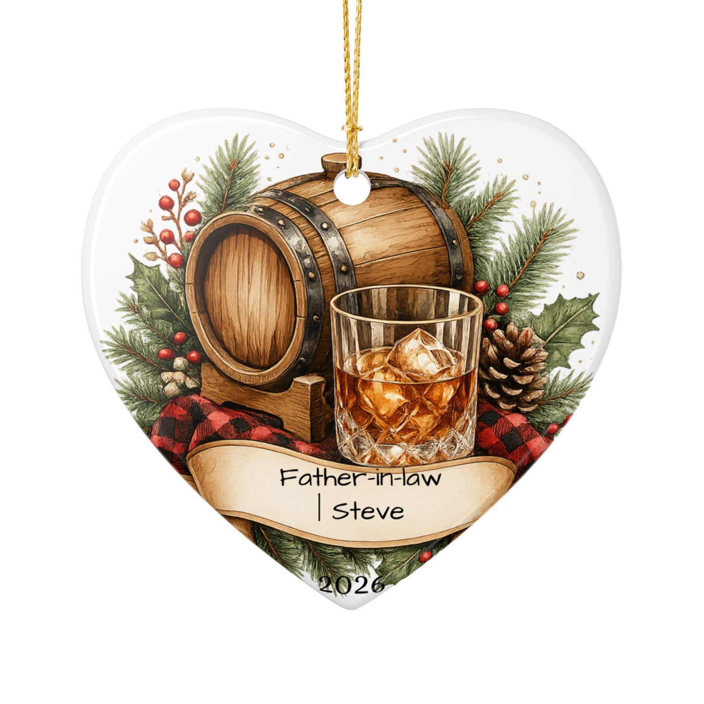 Whiskey Father in Law Ornament Personalized, Rustic Ceramic Keepsake with Name, Bourbon Lover FIL Gift 2026