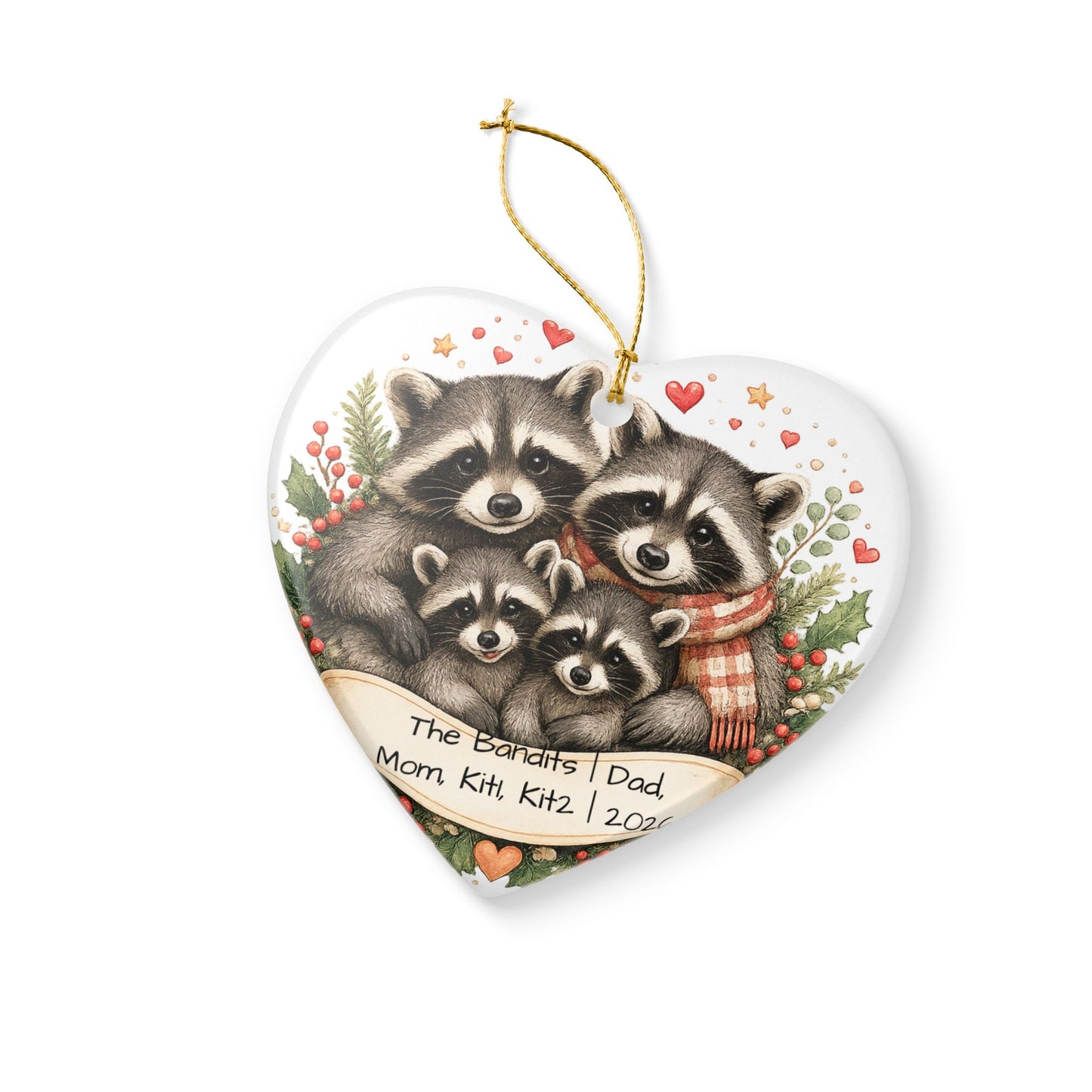 Raccoon Family Christmas Ornament Personalized with Names, Cute Ceramic Keepsake, Woodland Family Gift 2026