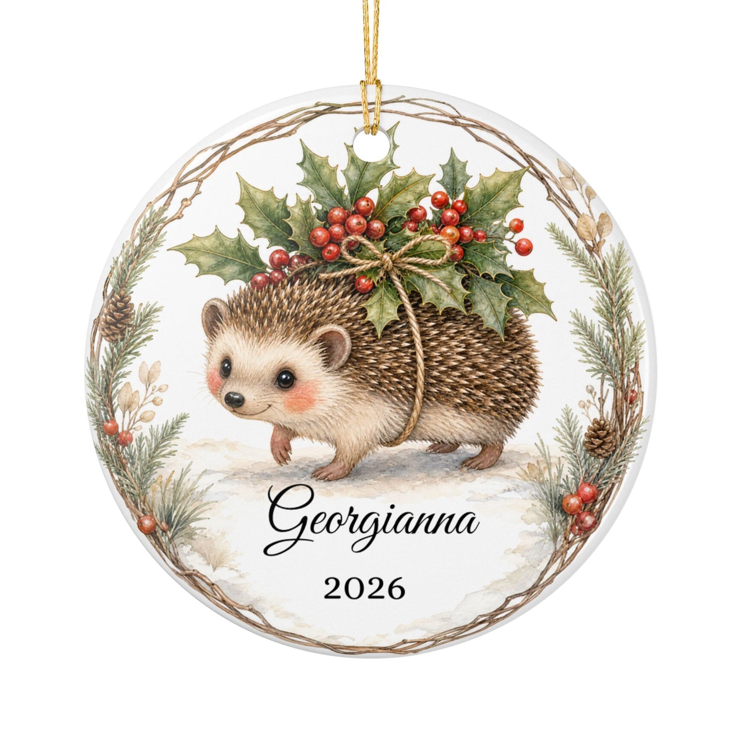 Baby First Christmas Ornament Personalized with Name, Hedgehog Holly Keepsake 2026, Woodland New Baby Shower Gift