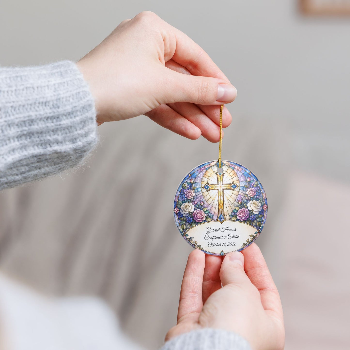 Stained Glass Baptism Ornament Personalized, Church Window Christening Keepsake with Name, Ceramic Religious Gift, Confirmation Ornament