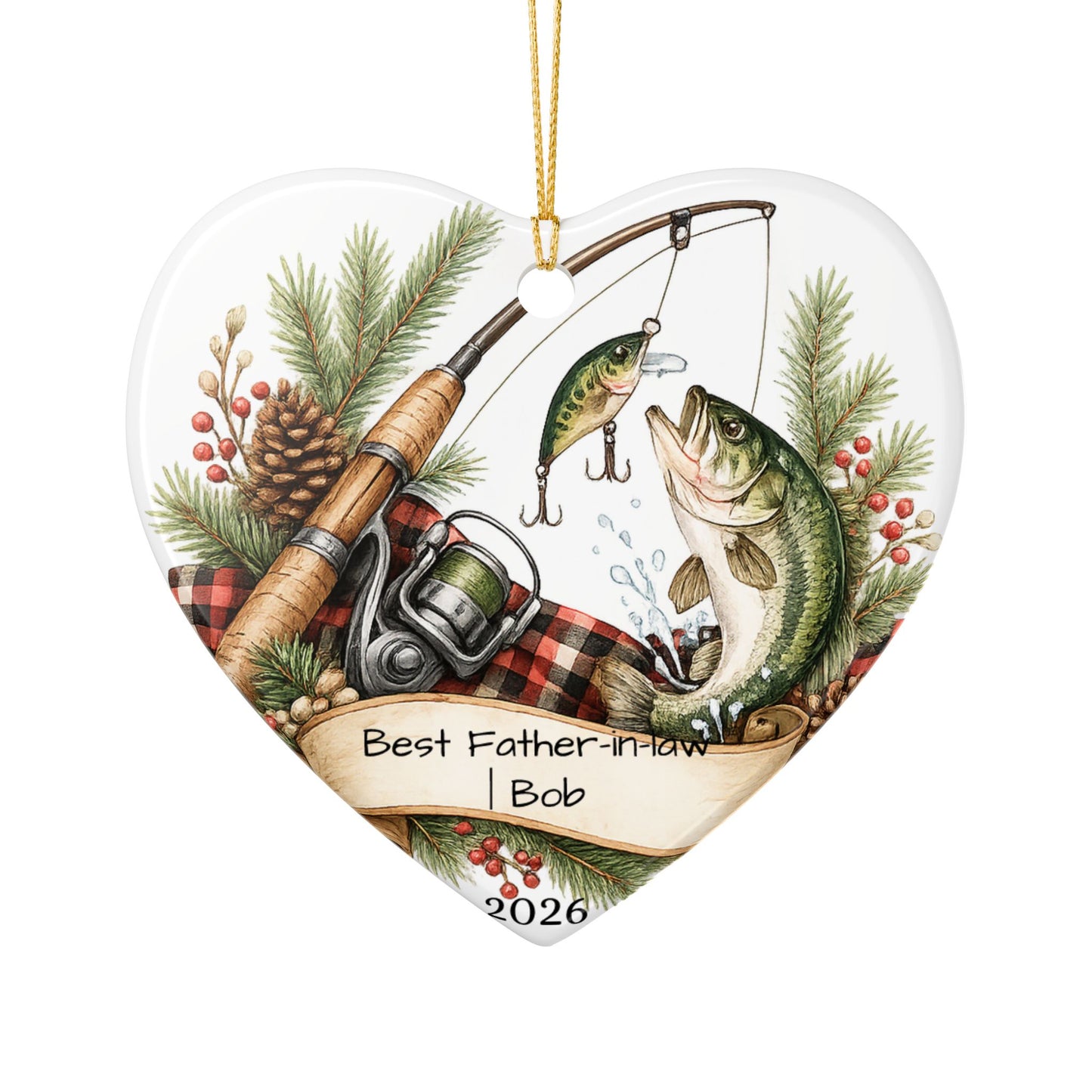 Fishing Father in Law Ornament Personalized, Rustic Ceramic Keepsake with Name, Fisherman FIL Gift 2026